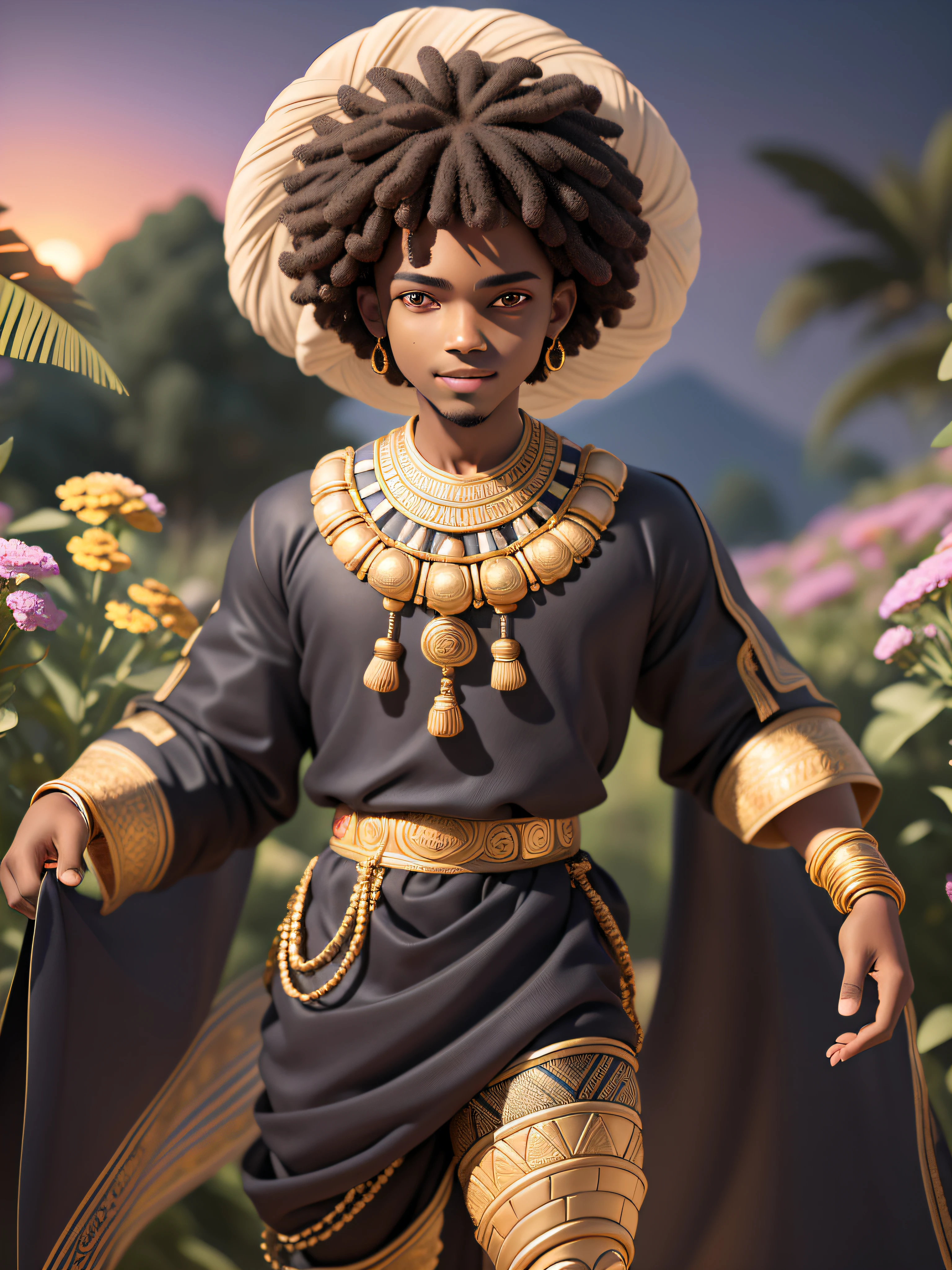 (masterpiece),(best quality),(ultra-detailed), (full body:1.2), black man, male, short hair, teenage, typical african clothing, black clothes, prince, light smile, turban, African, cover in back, :3, afro clothes, blurry, black hair, brown hair, flower, background abstract, sunset (beautiful detailed face), (beautiful detailed eyes), flower, outdoors