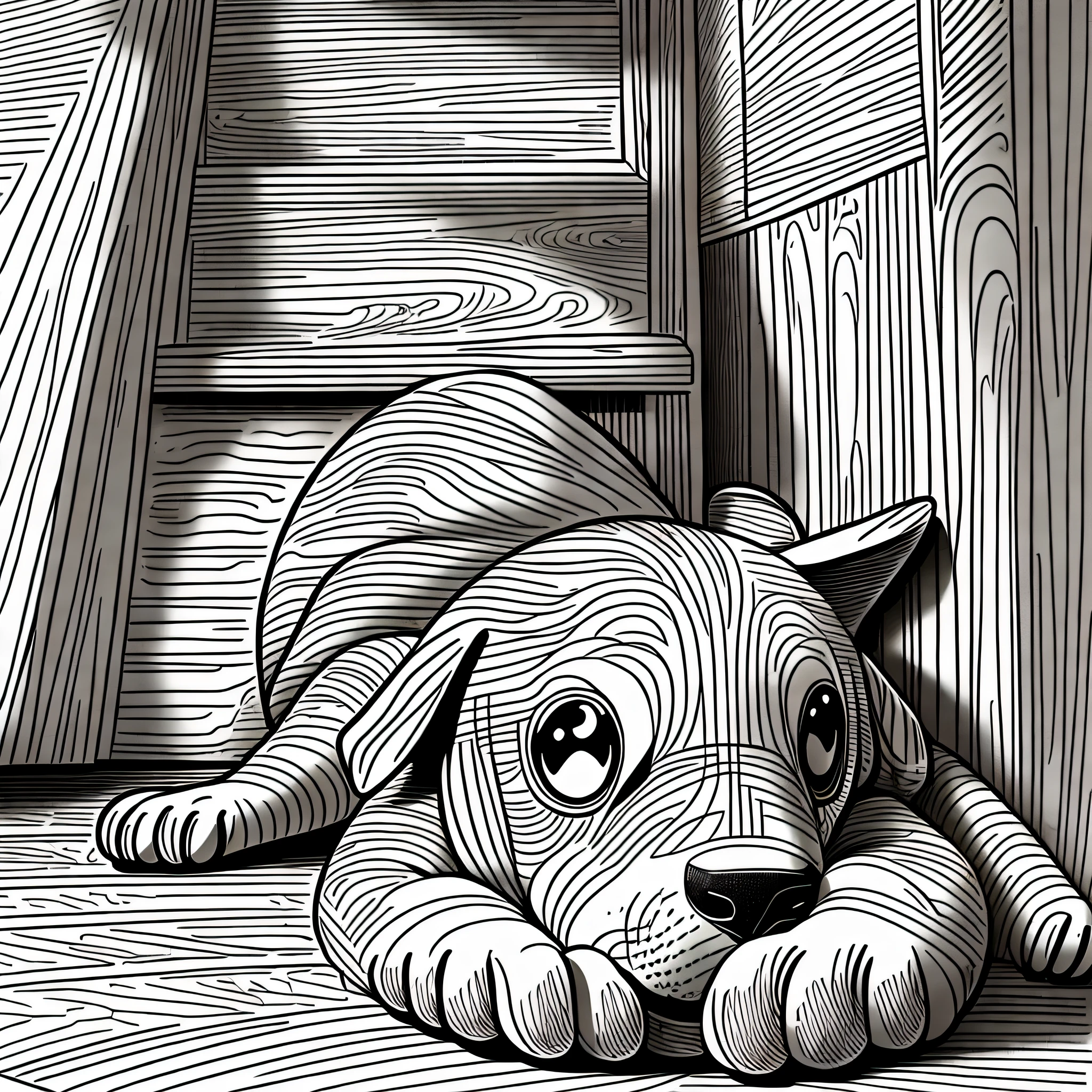 playful dog lying on kids bedroom,coloring book page, simple and clean line art --auto --s2