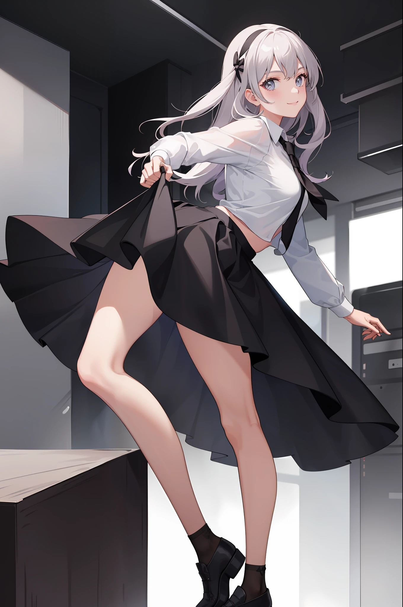 1 girl, smile, shirt, skirt, lifting skirt (small), lift skirt,