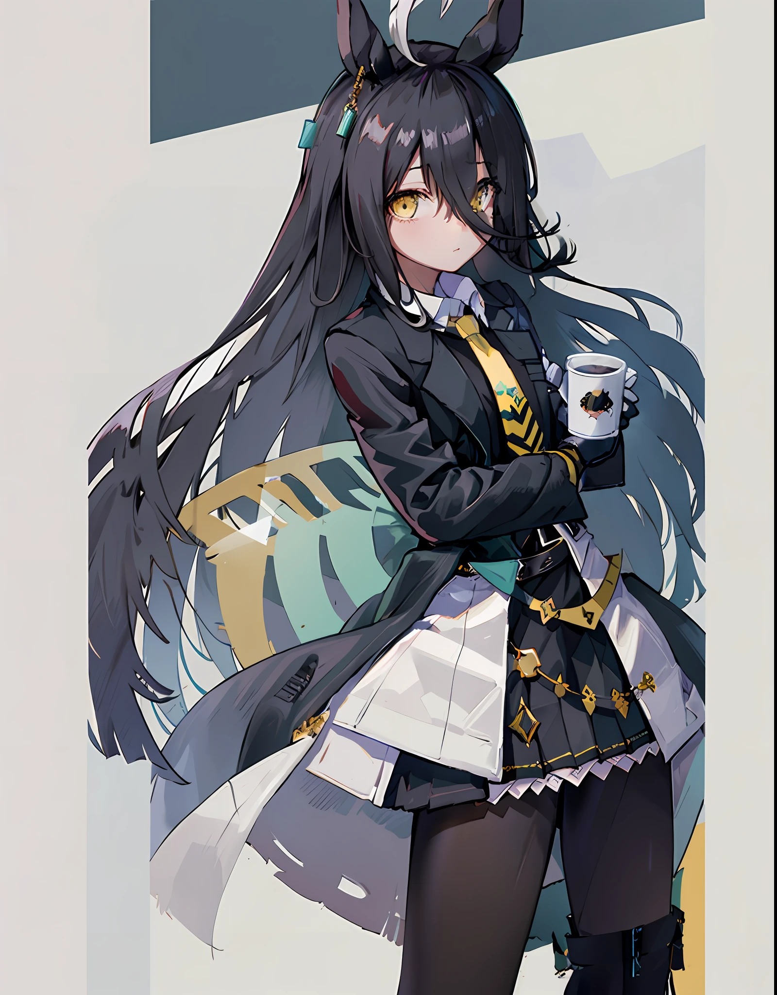 Masterpiece, highest quality, Manhattan Cafe \(uma musume \), thin white color ahoge independent of black hair, long black hair, very thin and long black bangs passing between the eyes, bewitching yellow eyes without highlights, thin and delicate body, black gloves, yellow tie, black pantyhose, black skirt, long sleeves, black vest, belt, closed mouth, black coat, jacket, shirt with collar,