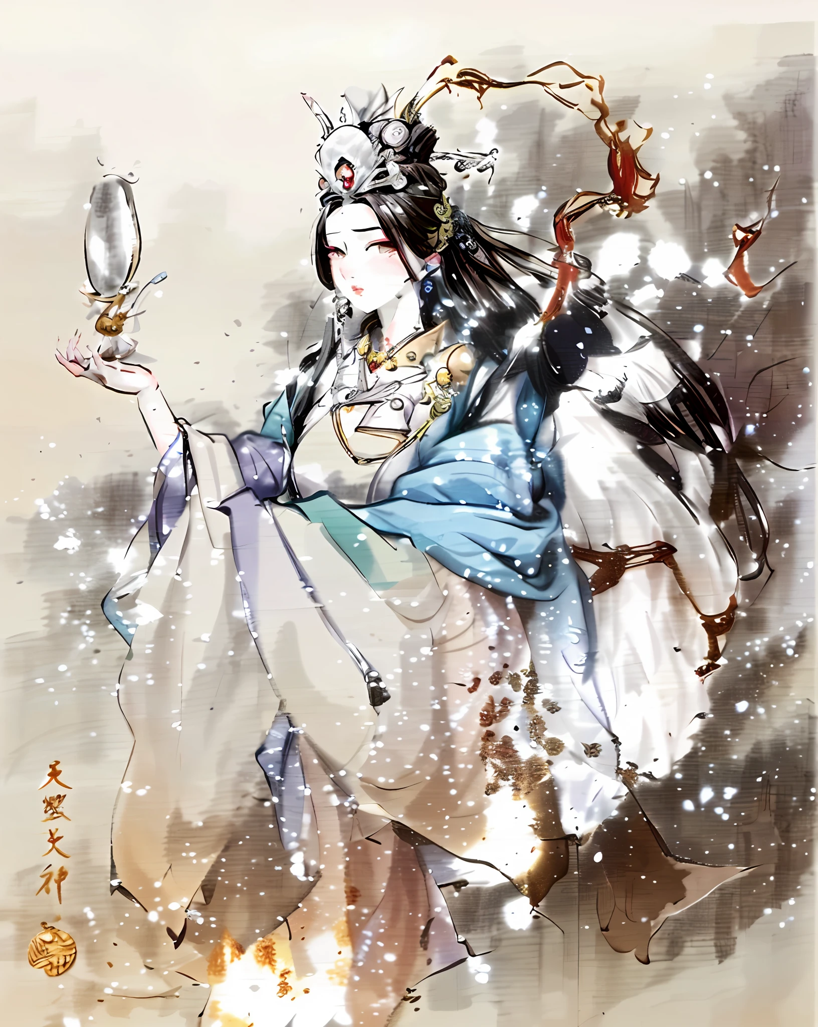 arafed drawing of a woman holding a mirror and a fan, japanese lightning goddess, guanyin of the southern seas, ancient chinese goddess, traditional japanese concept art, japanese goddess, white haired deity, akira from chinese mythology, inspired by Ryūkōsai Jokei, amaterasu, inspired by Tōshūsai Sharaku