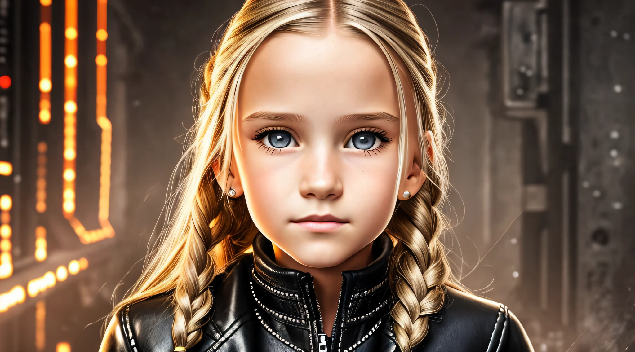 RUSSIAN GIRL WITH LONG STRAIGHT BLONDE HAIR WITH BRAIDS , PORTRAIT STYLE , in leather jacket , Terminator , Terminator 2 --auto --s2