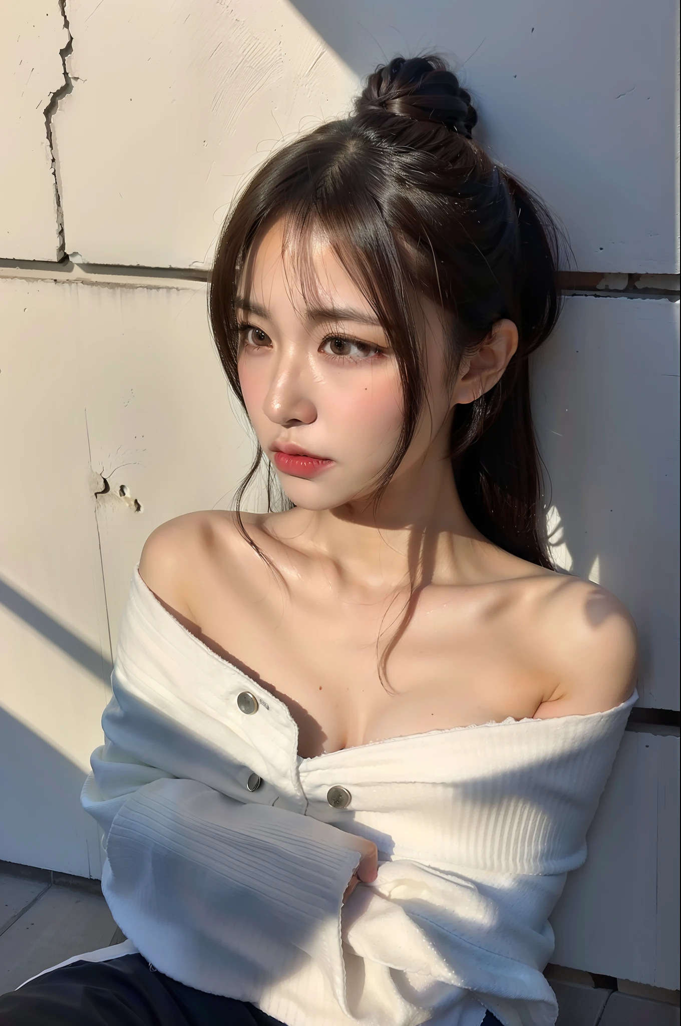 Best quality, masterpiece, ultra high res, (photorealistic:1.4), raw photo,  (Authentic skin texture:1.3), (film grain:1.3),  panorama, character portrait,  very wide shot, narrow waist, cowboy shot, (in the dark, deep shadow, low key, cold light,) night, close-up,  streaming tears,
indoor, dust, Tyndall effect, sad, disappointed, gloom (expression),  sitting,  (against wall), crying, frown, (head bowed), nervous, tearing up, lonely,
1girl, beautiful detailed eyes and face, white jabot, off shoulder, brown eyes,