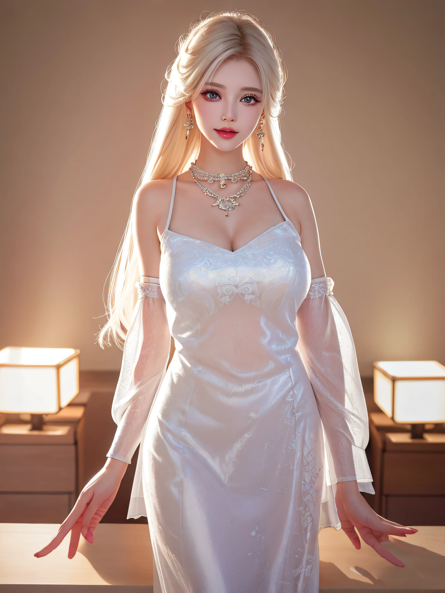 Female teacher standing in the classroom v6, necklace, earrings, full body v6, long white hair, translucent clothes, visible, superb, ultra-high-definition, RAW photo, realism: 1.25), (bright lip gloss, long eyelashes, smooth face, light skin, natural shadows, wide light, wide light, depth of field, strong colors, subtle caustics: 0.8), smile, (big tits), v6