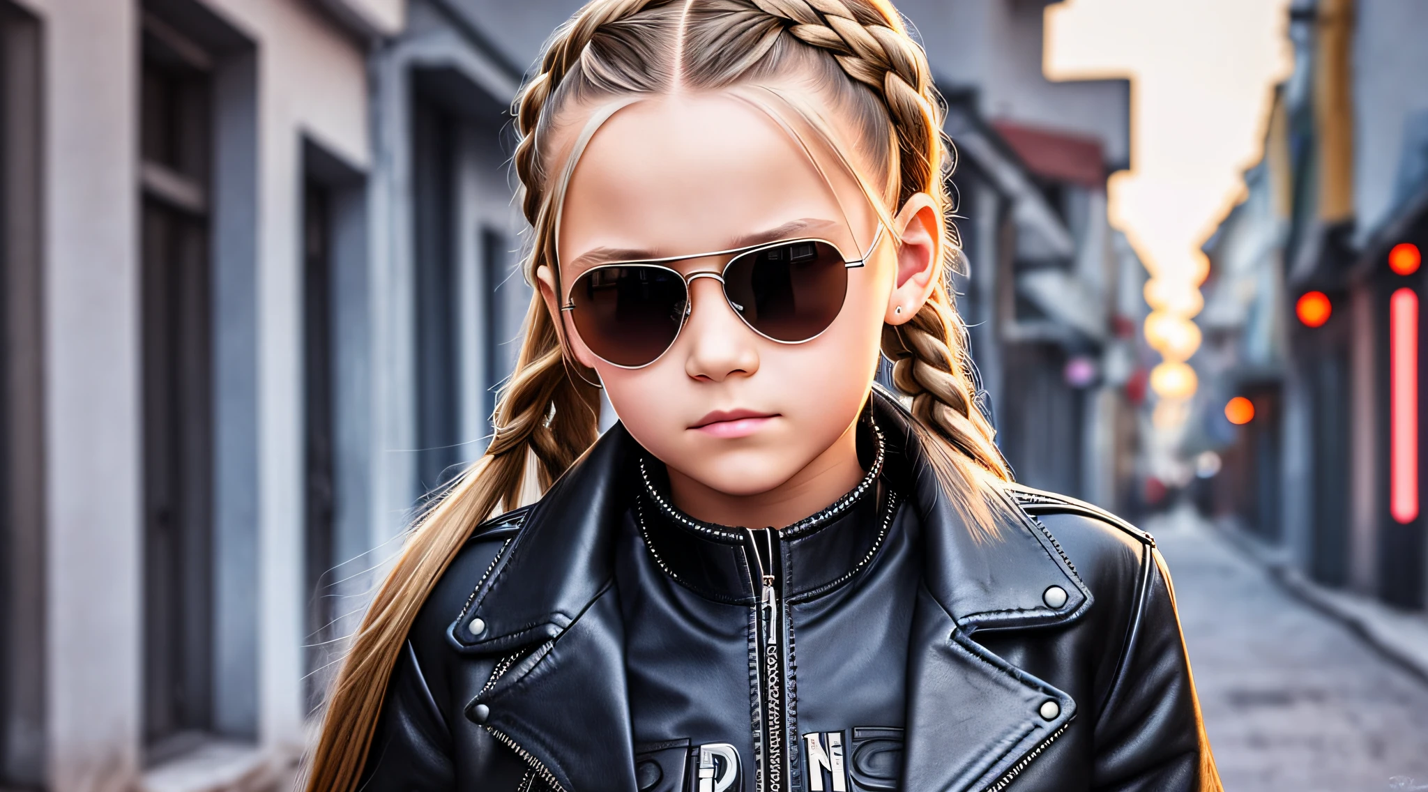 RUSSIAN GIRL  WITH LONG STRAIGHT BLONDE HAIR WITH BRAIDS , PORTRAIT STYLE , in leather jacket , Terminator , Terminator 2 --auto --s2