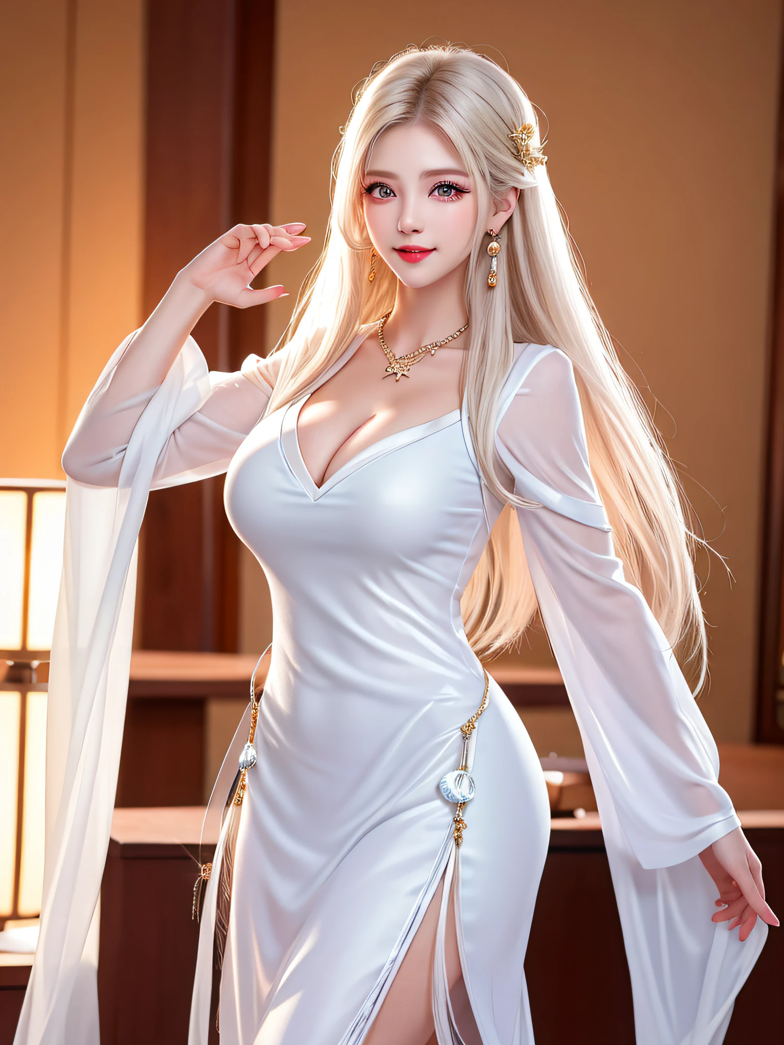 Female teacher standing in the classroom v6, necklace, earrings, full body v6, long white hair, translucent clothes, visible, superb, ultra-high-definition, RAW photo, realism: 1.25), (bright lip gloss, long eyelashes, smooth face, light skin, natural shadows, wide light, wide light, depth of field, strong colors, subtle caustics: 0.8), smile, (big tits), v6