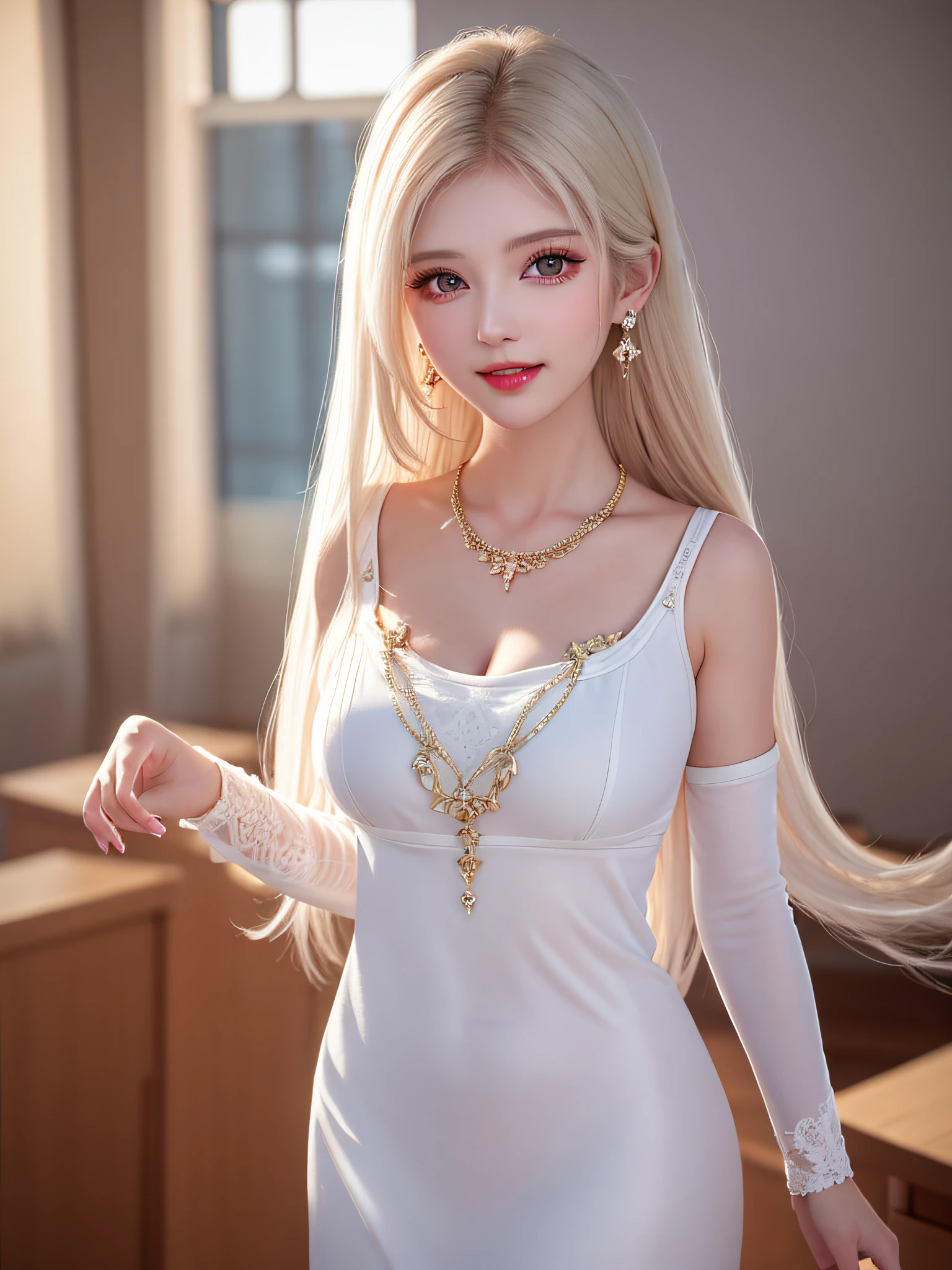 Female teacher standing in the classroom v6, necklace, earrings, full body v6, long white hair, translucent clothes, visible, superb, ultra-high-definition, RAW photo, realism: 1.25), (bright lip gloss, long eyelashes, smooth face, light skin, natural shadows, wide light, wide light, depth of field, strong colors, subtle caustics: 0.8), smile, (big tits), v6