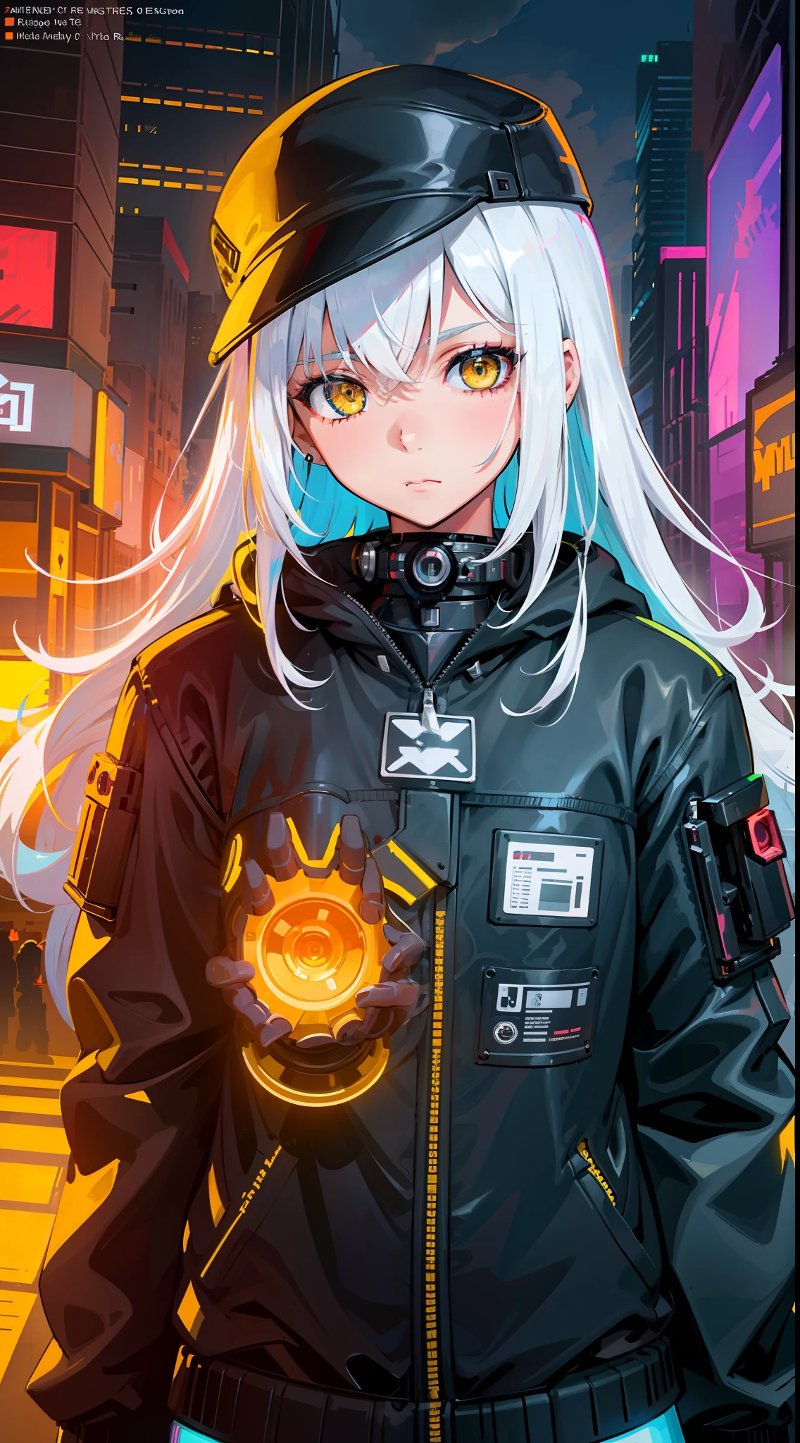 1 Girl, Solo, Colorful, Yellow Eyes, Cyberpunk, Mechanical Scrap Zone, Cityscape, Stud Earrings, Long Messy White Hair, Mechanical Hat, Mechanical Body, Robotic Arm, Mecha, Robot, Mechanical Maiden, Neon Lights, Beautiful Lights, Character Focus, CG Illustration, Bust Shot, 8k Resolution, Very Detailed, Anatomically Correct, Digital Painting, Concept Art, Clear Picture