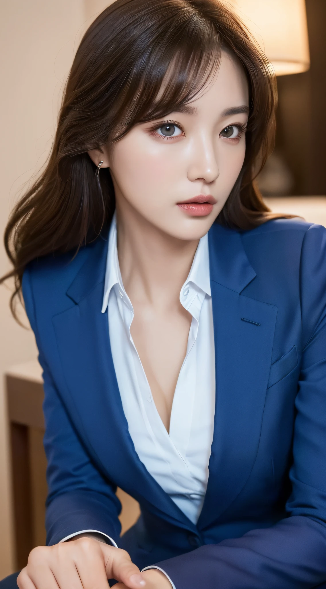 ((Top Quality, 8k, Masterpiece: 1.3)), Full Body, Beautiful Woman, Single Woman, Slender Figure: 1.1, Dark Brown Hair, Blue Suit, Ultra Detailed Face, Detailed Lips, Detailed Eyes, Double Eyelids, Back Figure