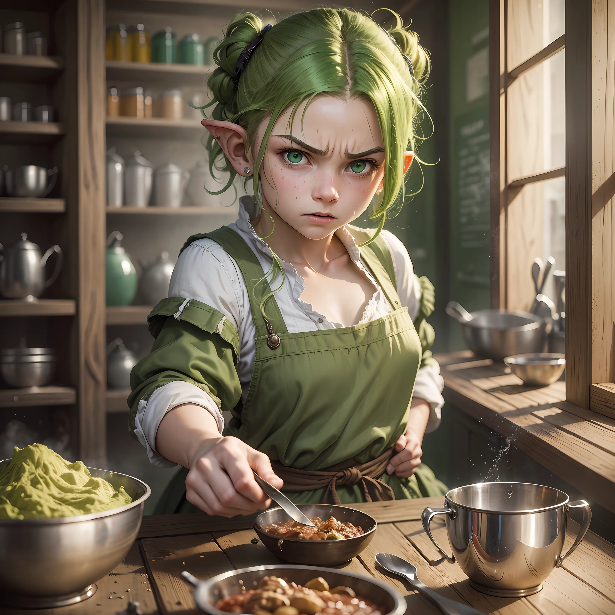Ultra realistic photo,portrait of halfling barmaid with green dyed hair holding a dirty dishes, angry expression, sharp focus, intrincate, highly detailed, fantasy, dungeons and dragons, --auto --s2