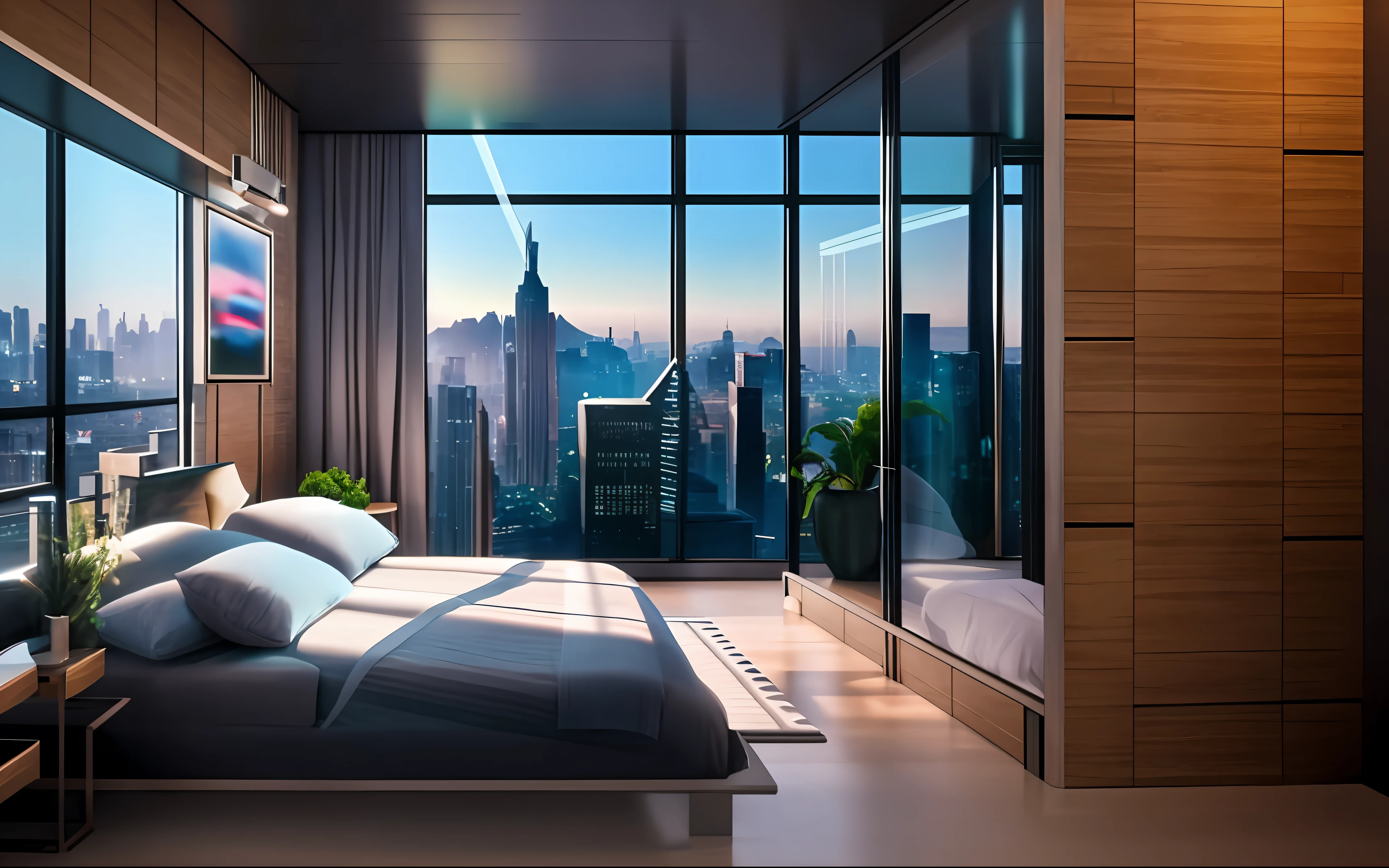 arafed bedroom with a view of a city and a large window, bladerunner apartment, overlooking a modern city, apartment set in the near future, the cyberpunk apartment, cyberpunk apartment, penthouse, city view, stunning view, [ [ hyperrealistic ] ], city apartment, hyperreal rendering, luxurious environment, gorgeous view, cyberpunk bedroom at night, neo - noir setting