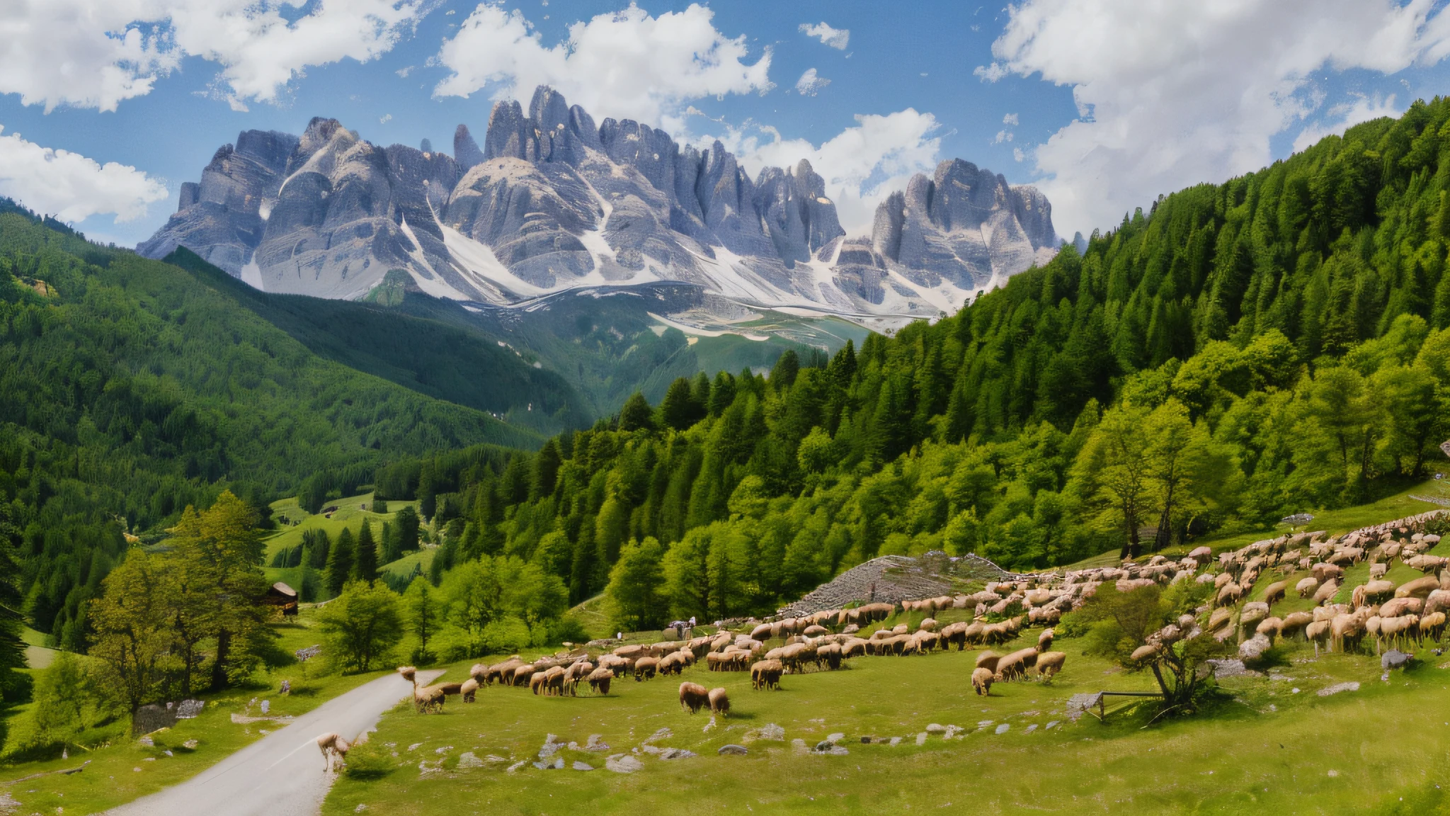there are many sheep that are walking down the road, in the dolomites, by Cedric Peyravernay, alpes, dolomites in background, alpine, dolomites, in a mountain valley, dolomites in the background, alp, alpine scenery, by Carlo Martini, by Etienne Delessert, alamy stock photo, by Giuseppe Grisoni, exclusive