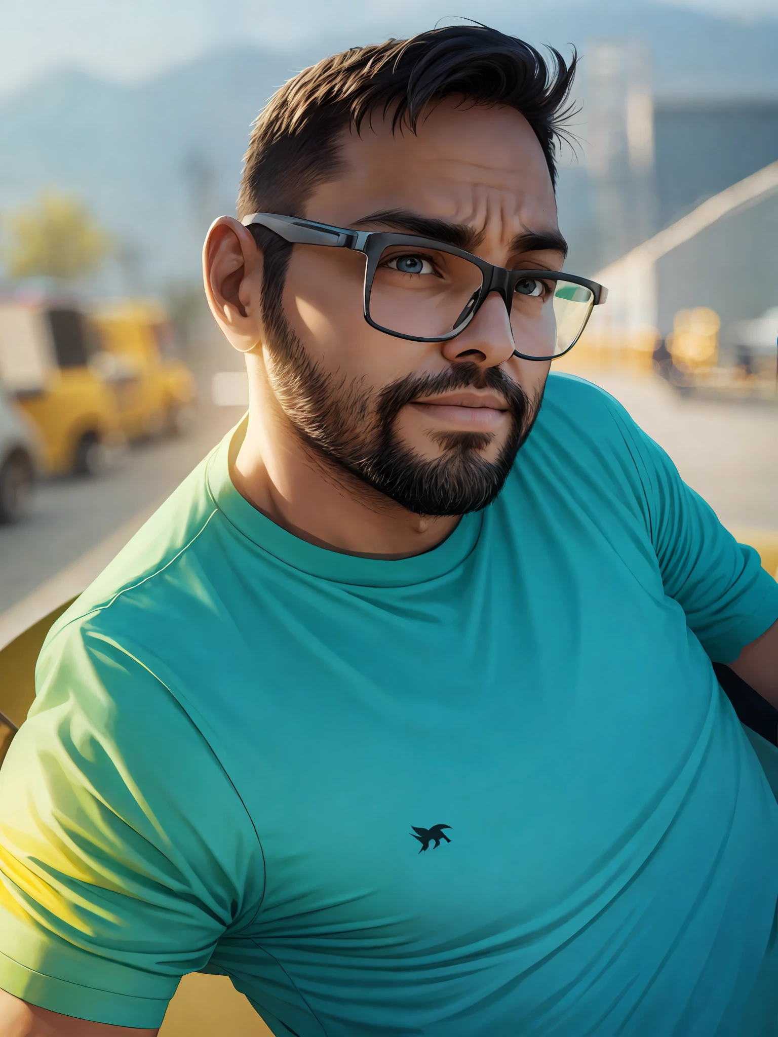 A 30-year-old man, black eyes, sweet face, yellow shirt.