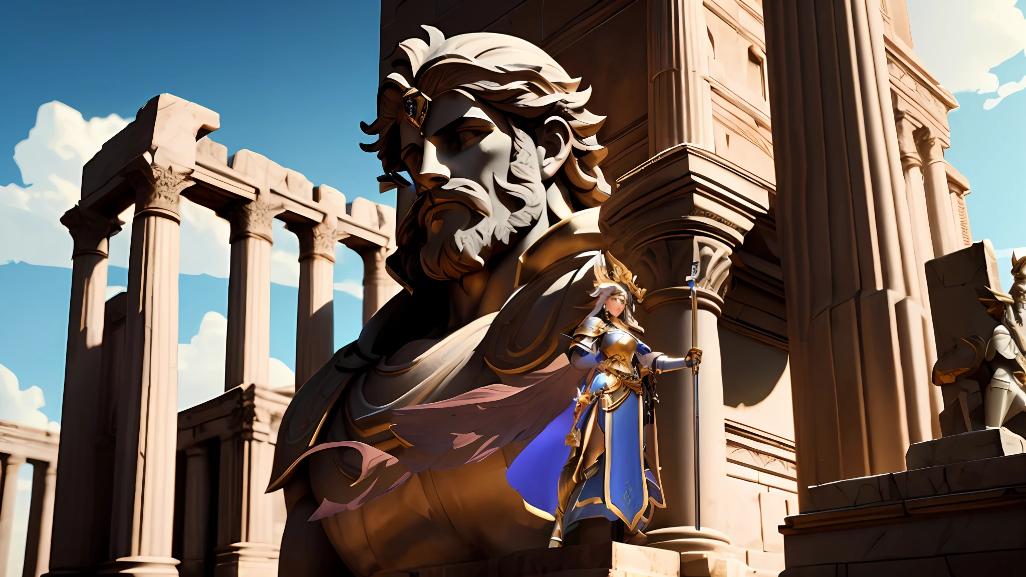 there is a statue of a man holding a sword in front of a building, 3 d goddess minerva, classicism artstyle, sojourn from overwatch, lady palutena, palutena, unreal engine render + a goddess, the god athena, posing like a statue, npc with a saint's halo, unreal engine render saint seiya