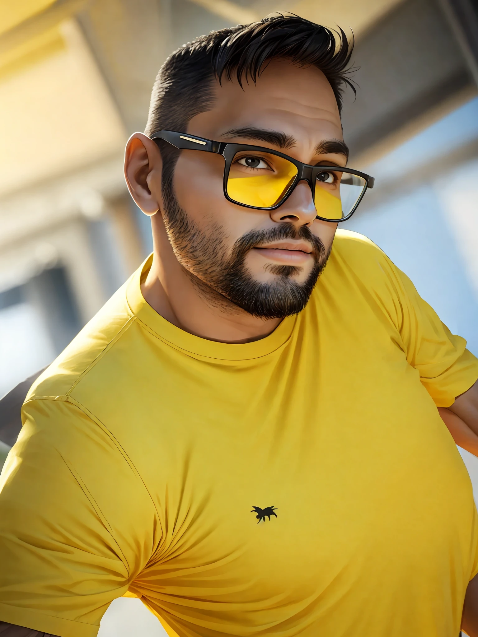 A 30-year-old man, black eyes, sweet face, yellow shirt.