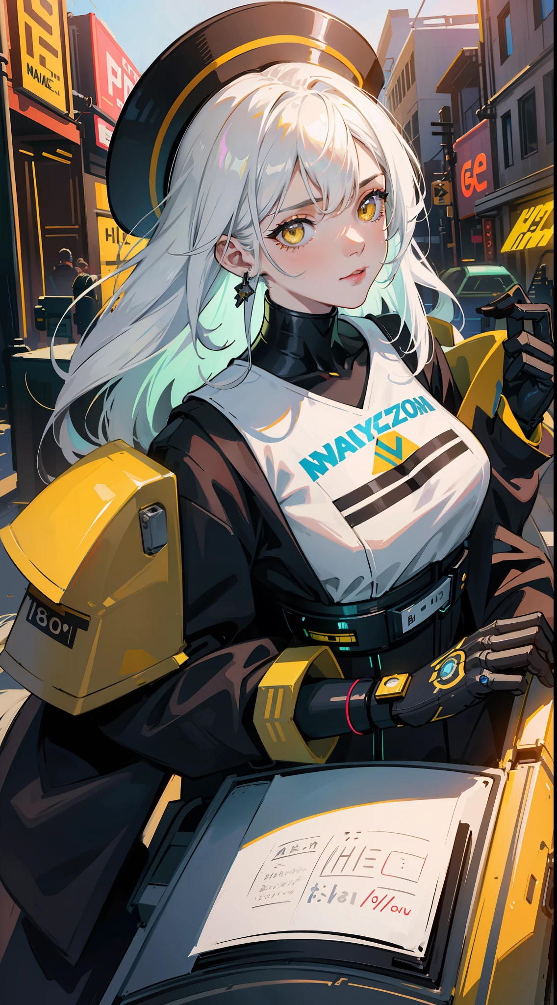 1 Girl, Solo, Colorful, Yellow Eyes, Cyberpunk, Mechanical Scrap Zone, Cityscape, Stud Earrings, Long Messy White Hair, Mechanical Hat, Mechanical Body, Robotic Arm, Mecha, Robot, Mechanical Maiden, Neon Lights, Beautiful Lights, Character Focus, CG Illustration, Bust Shot, 8k Resolution, Very Detailed, Anatomically Correct, Digital Painting, Concept Art, Clear Picture