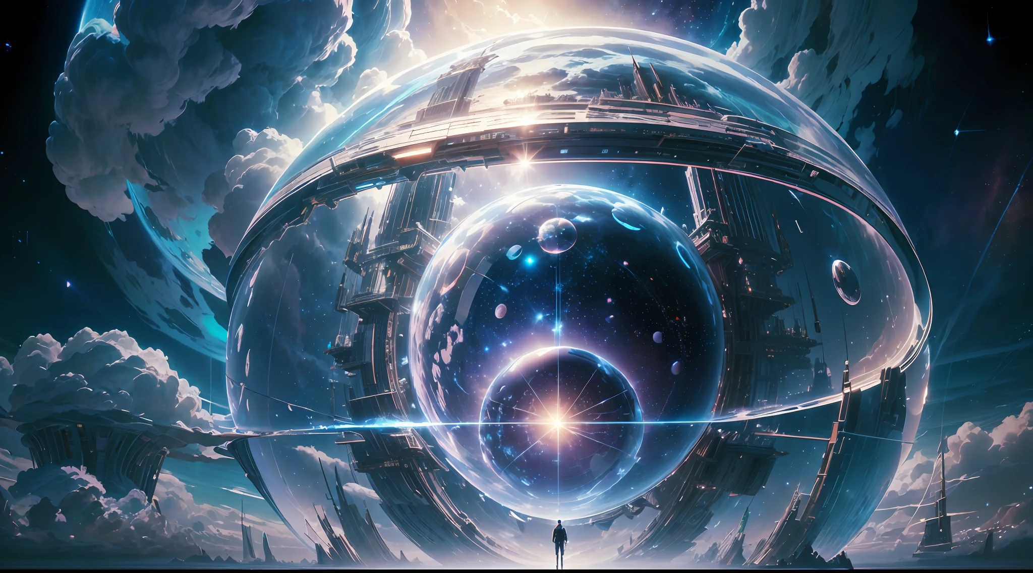 a giant mirrored sphere floating in space, a futuristic city within the sphere, new york, statue of liberty, perspective, twinkling lights, a man admiring, jeans, sweatshirt, (dark sky with clouds and stars:1.3), particles in the air, ray of god, detailed, masterpiece, high resolution, best quality, HD detail, hyper-detail, cinematic, surrealism, soft light, ray tracing and surrealism. --auto --s2