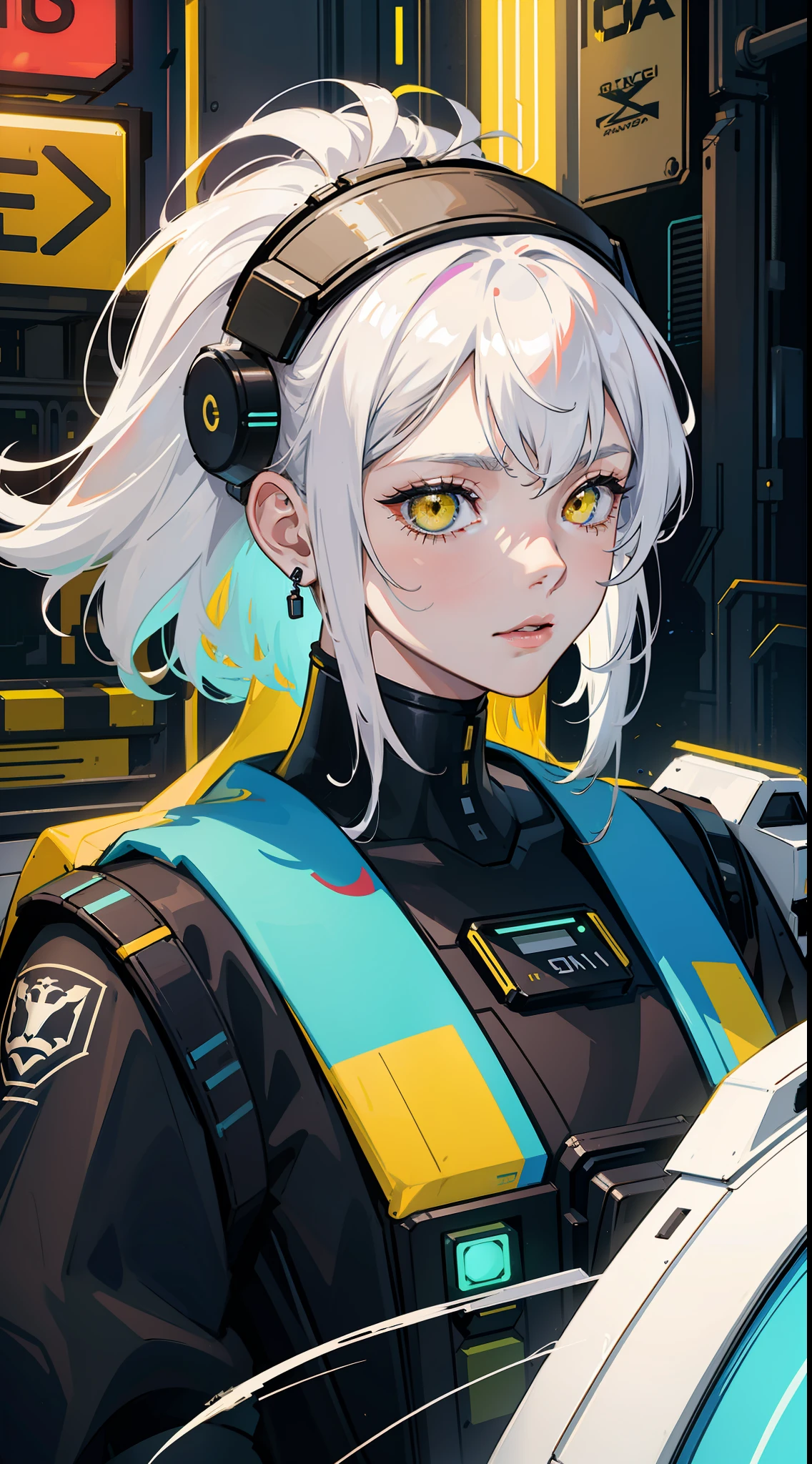 1 Girl, Solo, Colorful, Yellow Eyes, Cyberpunk, Mechanical Scrap Zone, Cityscape, Stud Earrings, Long Messy White Hair, Mechanical Hat, Mechanical Body, Robotic Arm, Mecha, Robot, Mechanical Maiden, Neon Lights, Beautiful Lights, Character Focus, CG Illustration, Bust Shot, 8k Resolution, Very Detailed, Anatomically Correct, Digital Painting, Concept Art, Clear Picture