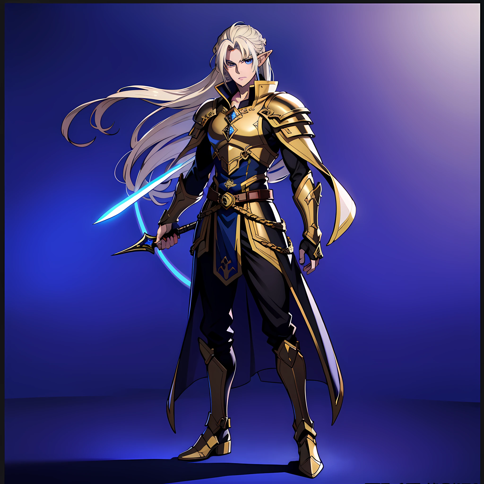 combining the Guilty Gear style with the artistic influence of Yusuke Murata, maximum detail, in 4k, 🔹 Appearance description: Darius has long silver blonde hair and deep blue eyes. He has fair skin and a tall, slender stature typical of elves. His presence radiates an aura of nobility and determination.
🔹 Darius wears elegant, well-fitting armor made of elven steel, adorned with golden details and intricate motifs. He carries a long-bladed, sharp-bladed sword in a richly decorated scabbard that reflects his noble lineage.
🔹 Items:
Elven Sword: A long, sharp-bladed sword, forged with elven steel, known for its lightness and durability.
Agility Ring: A magic ring that increases Darius' agility and reflexes during combat.