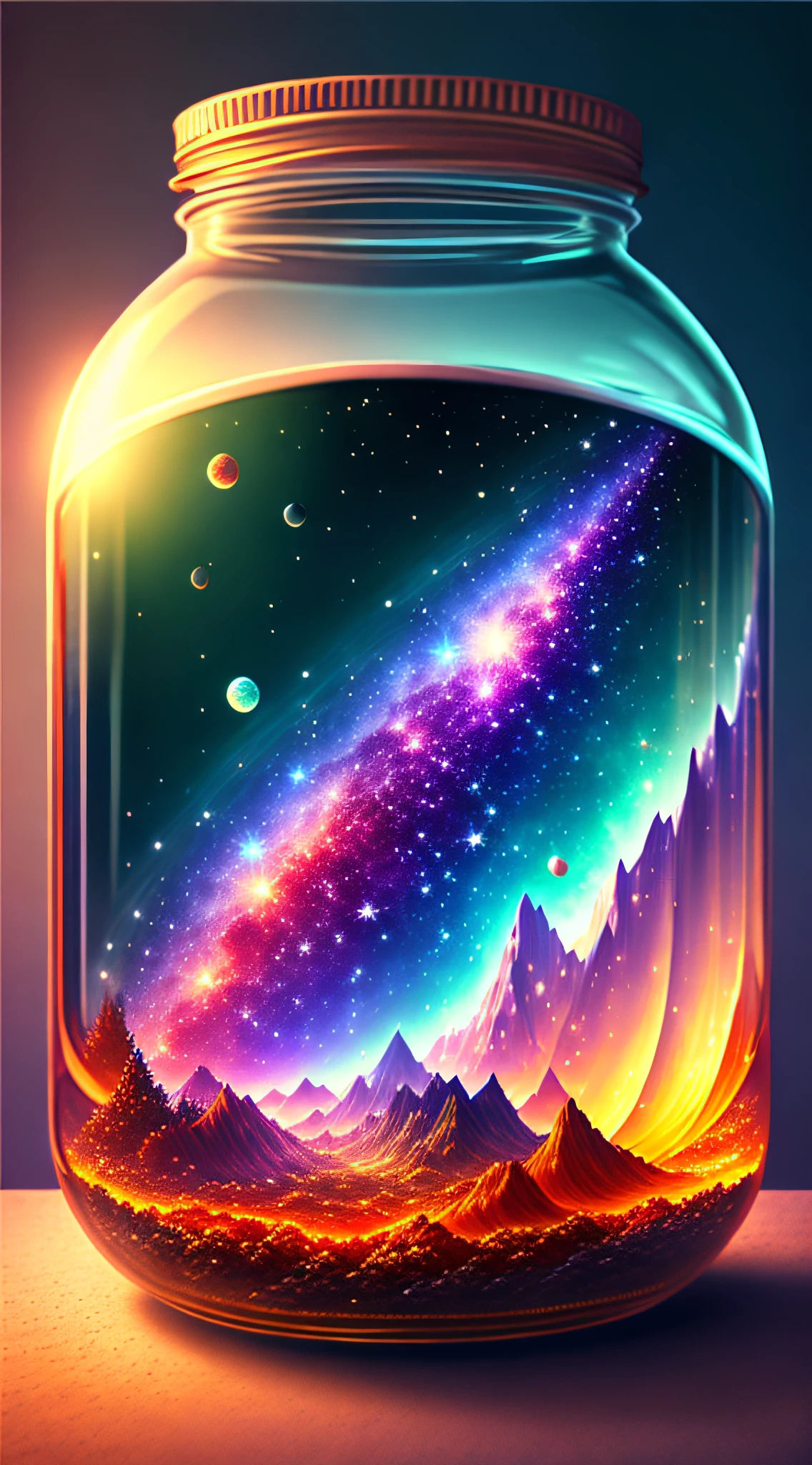 The entire universe is contained in a glass jar, ultra-realistic, ultra-detailed, dramatic lighting, 4K, colorful environments