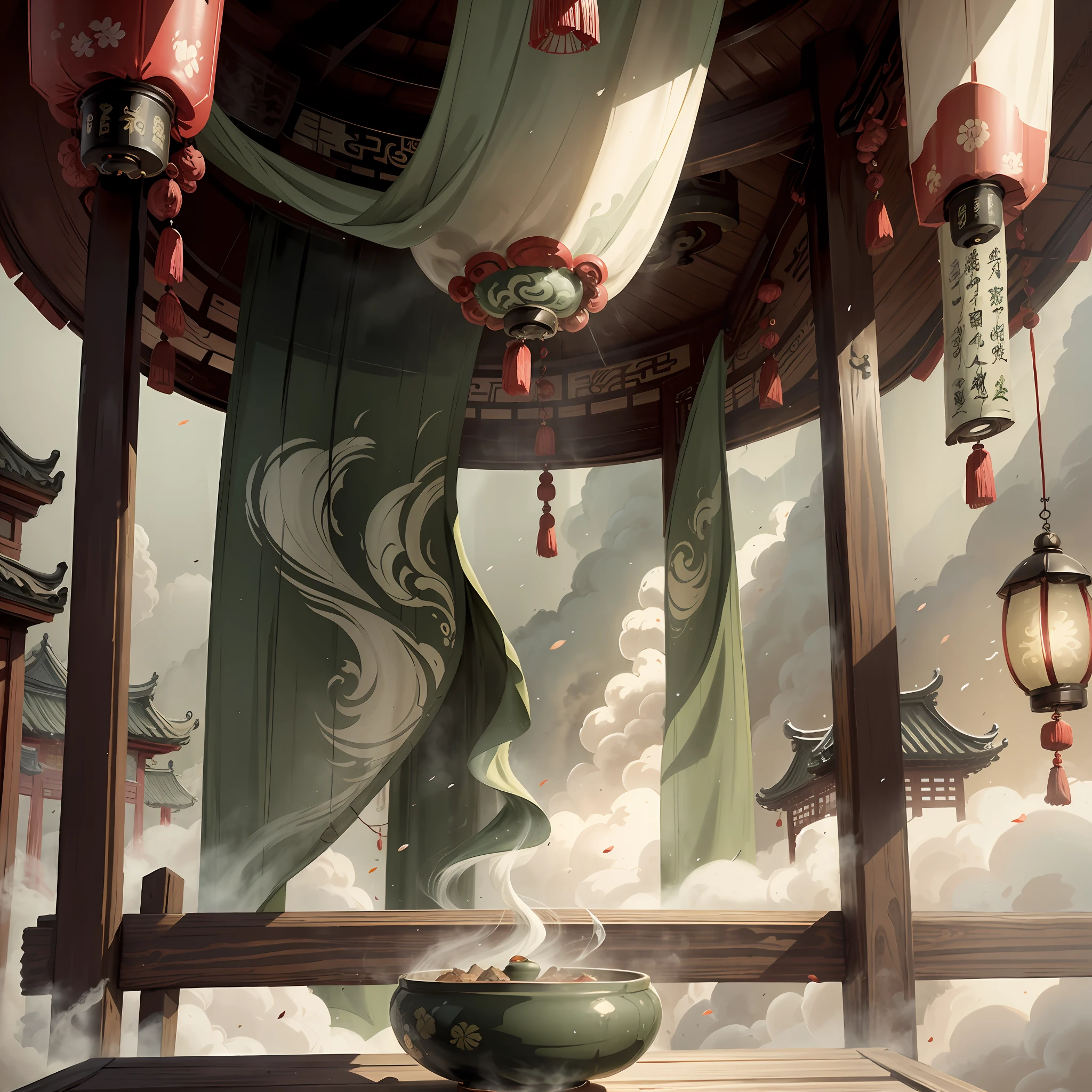 Chinese wind, Chinese mythology, Chinese New Year painting, tea, green smoke, mist, wind chimes