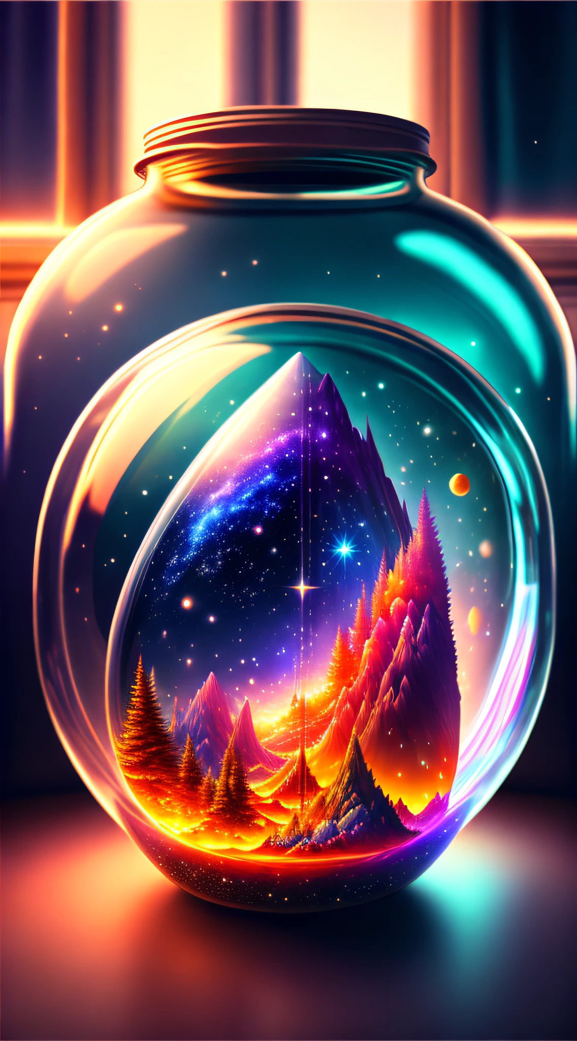 The entire universe is contained in a glass jar, ultra-realistic, ultra-detailed, dramatic lighting, 4K, colorful environments