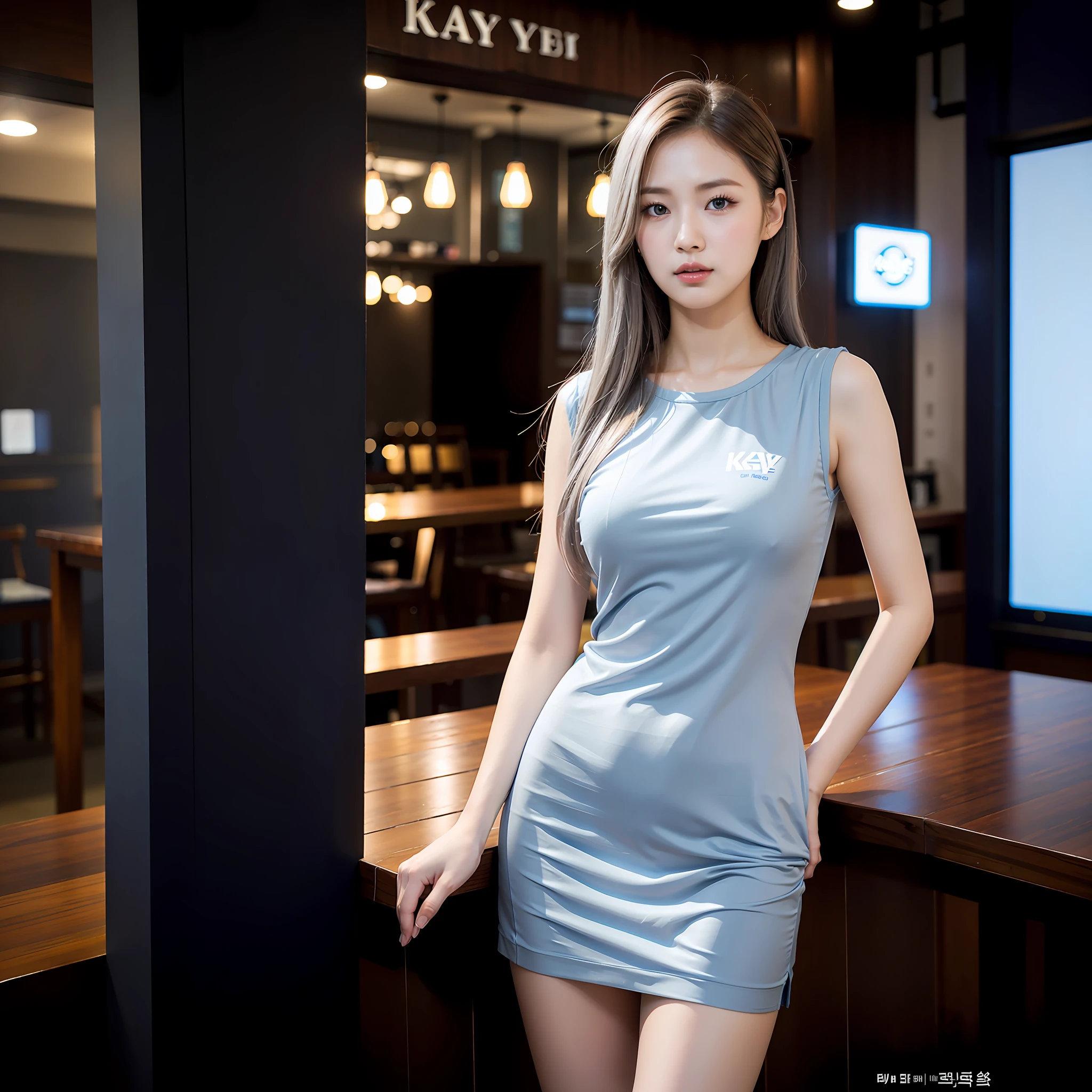 arafed asian woman in a blue dress posing for a picture, gorgeous young korean woman, beautiful south korean woman, korean girl, korean women's fashion model, korean woman, icey blue dress, photo of slim girl model, beautiful young korean woman, sexy dress, blue tight tshirt, transparent gray dress, gorgeous chinese model, wearing tight shirt