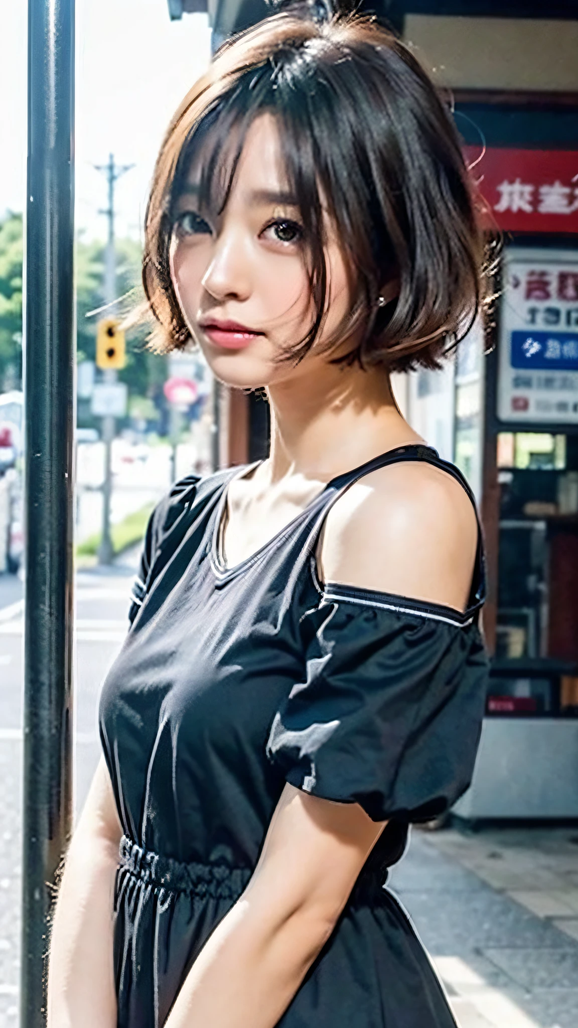 (Best Quality, 8k, 32k, Masterpiece, UHD: 1.2), Cute Japan Woman Pictures, Small Breasts, (Dress: 1.1), Very Short Bob Hair, (Look Away from the Camera), Profile, Bus Stop