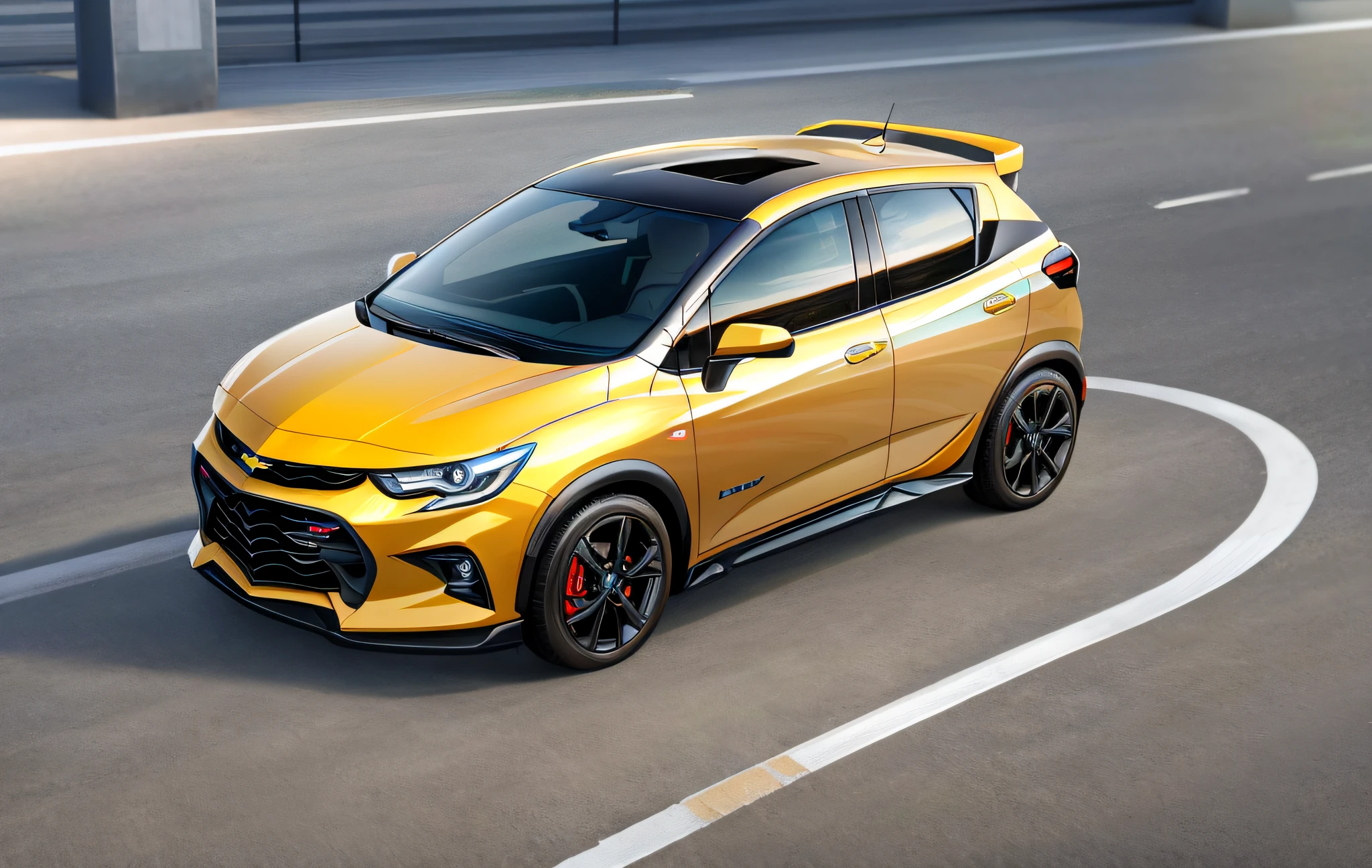 Create a sporty and futuristic model based on the current model of the Chevrolet Onix Hatch Turbo Premier in metallic gray color
