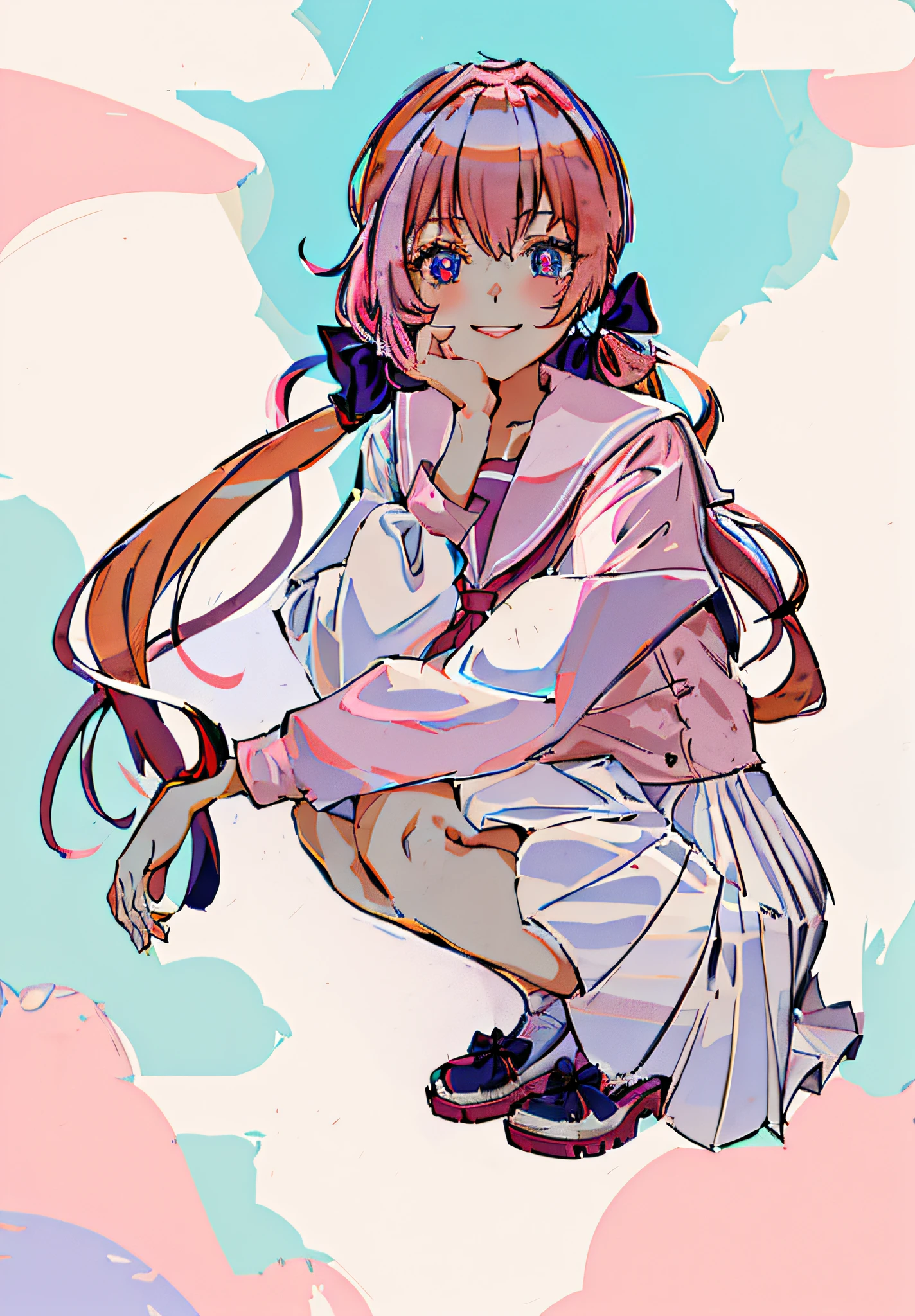 Masterpiece, Ultra HD) 1 girl, sailor suit)), school uniform, squat, (pink hair)), hair bow, pink pupils, gradient eyes), smile, anime, anime style, high resolution