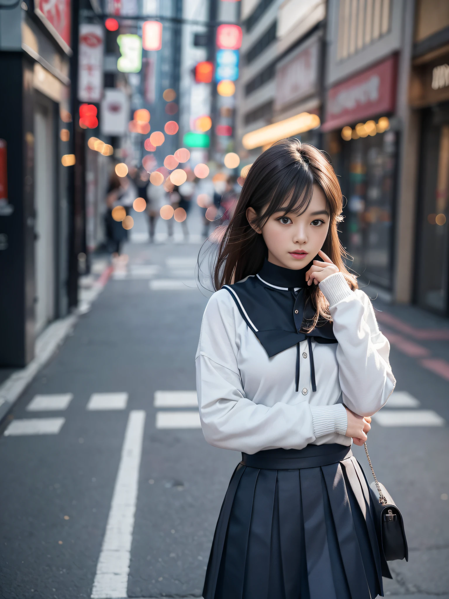 Top Quality, Masterpiece, Ultra High Resolution, (Photorealistic: 1.4), Raw Photo, (Perfect Body Shape), Fine and Complex, DSLR, Soft Lighting, High Quality, Film Grain, Fujifilm XT3, 50mm Lens, Panorama, Backlight, HDR, Hyperrealistic, Color Grade, Dynamic Pose, Girl, Full Body, Hip Up, Solo, High School, Student, uniform, sailor collar, bobby socks, pleated skirt, daytime, street, deep shadow, discreet, cold light 12000K\\ street, store state, akihabara