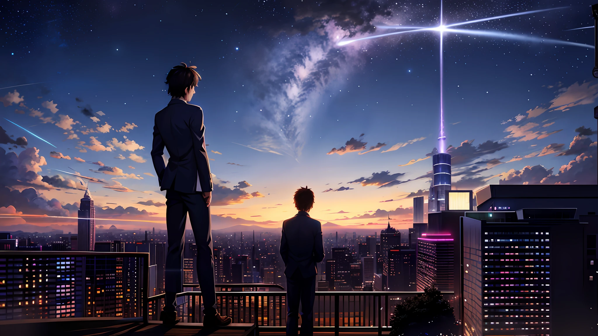 arafed view of a man standing on a rooftop overlooking a city, cosmic skies. by makoto shinkai, your name, your name movie style, by makoto shinkai, by Makoto Shinkai, atmospheric anime, anime. by makoto shinkai, makoto shinkai. —h 2160, anime atmospheric