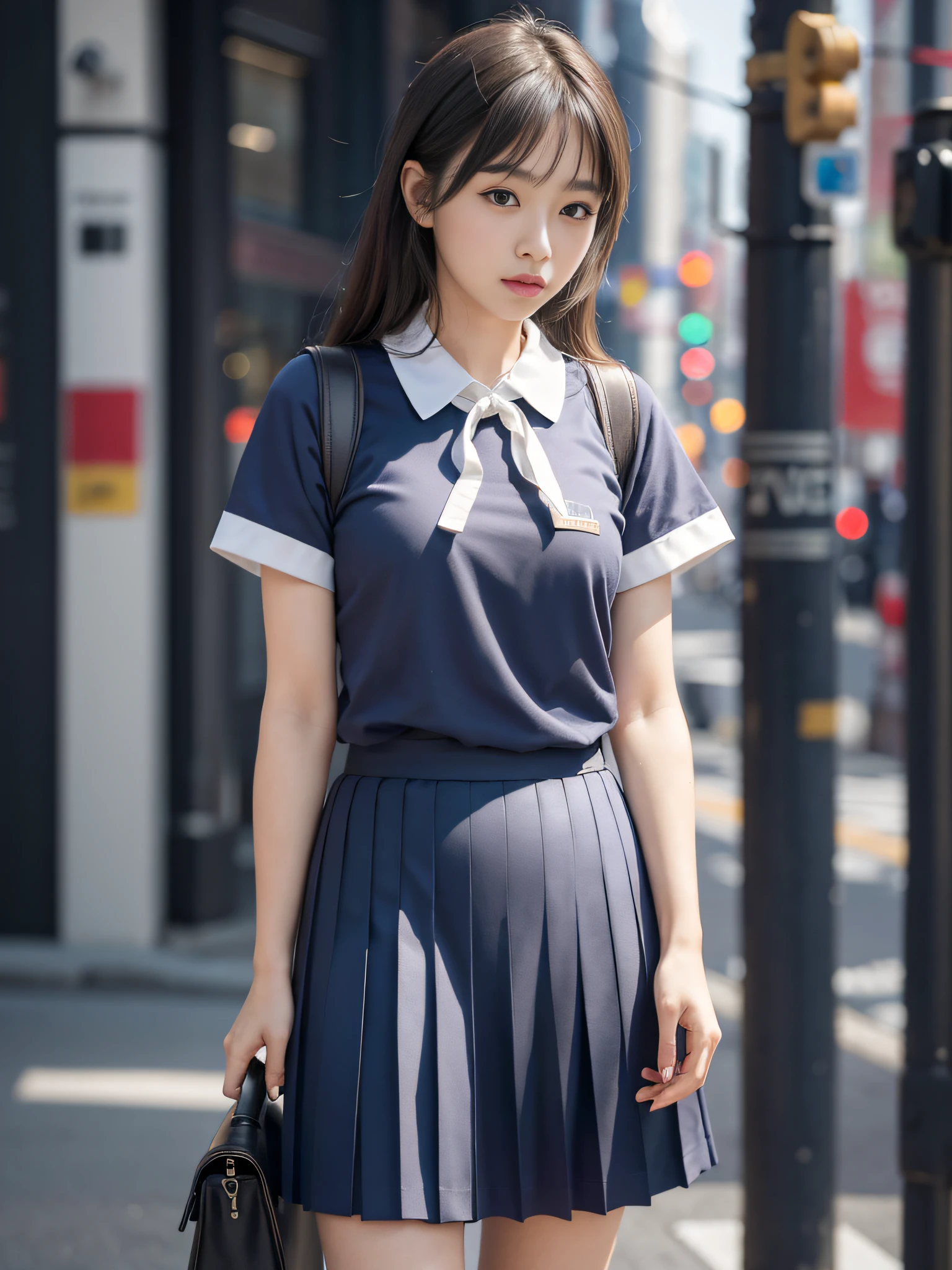 Top Quality, Masterpiece, Ultra High Resolution, (Photorealistic: 1.4), Raw Photo, (Perfect Body Shape), Fine and Complex, DSLR, Soft Lighting, High Quality, Film Grain, Fujifilm XT3, 50mm Lens, Panorama, Backlight, HDR, Hyperrealistic, Color Grade, Dynamic Pose, Girl, Full Body, Hip Up, Solo, High School, Student, uniform, sailor collar, bobby socks, pleated skirt, daytime, street, deep shadow, discreet, cold light 12000K\\ street, store state, akihabara