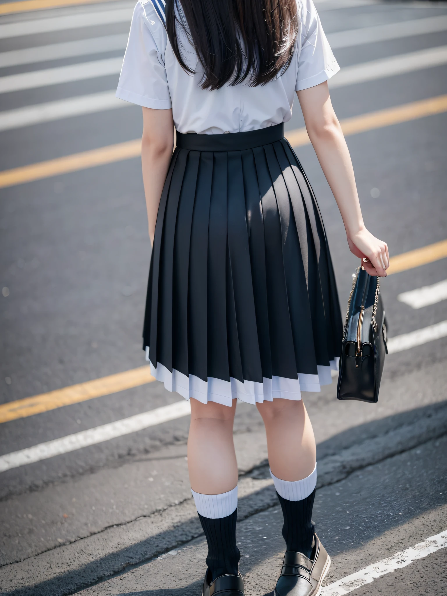 Top Quality, Masterpiece, Ultra High Resolution, (Photorealistic: 1.4), Raw Photo, (Perfect Body Shape), Fine and Complex, DSLR, Soft Lighting, High Quality, Film Grain, Fujifilm XT3, 50mm Lens, Panorama, Backlight, HDR, Hyperrealistic, Color Grade, Dynamic Pose, Girl, Full Body, Hip Up, Solo, High School, Student, uniform, sailor collar, bobby socks, pleated skirt, daytime, street, deep shadow, discreet, cold light 12000K\\ street, store state, akihabara