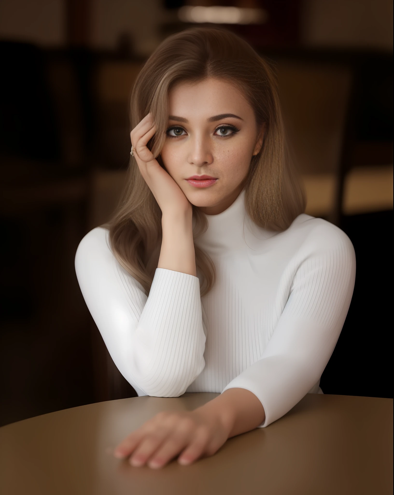 arafed woman in a white turtleneck sweater sitting at a table, viktoria gavrilenko, yelena belova, olga buzova, angelina stroganova, anna nikonova aka newmilky, anna nikonova, alina ivanchenko, by Emma Andijewska, anastasia ovchinnikova, aleksandra waliszewska