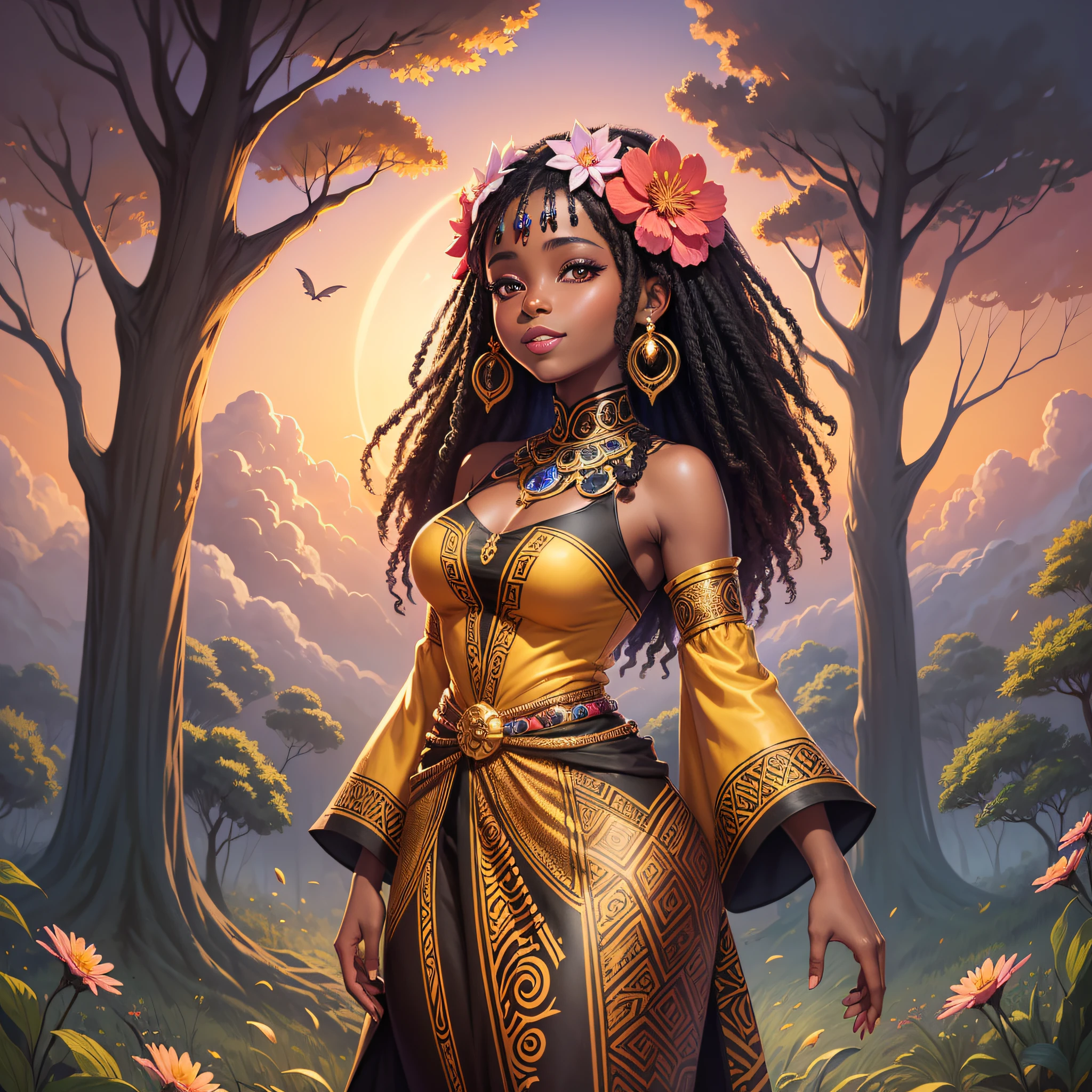 lllustration of black woman, princess of forest, fantasy universe, wearing clothes over the all body, light smile, long dress, African style, African culture, flowers, background with sky and clouds and sunset