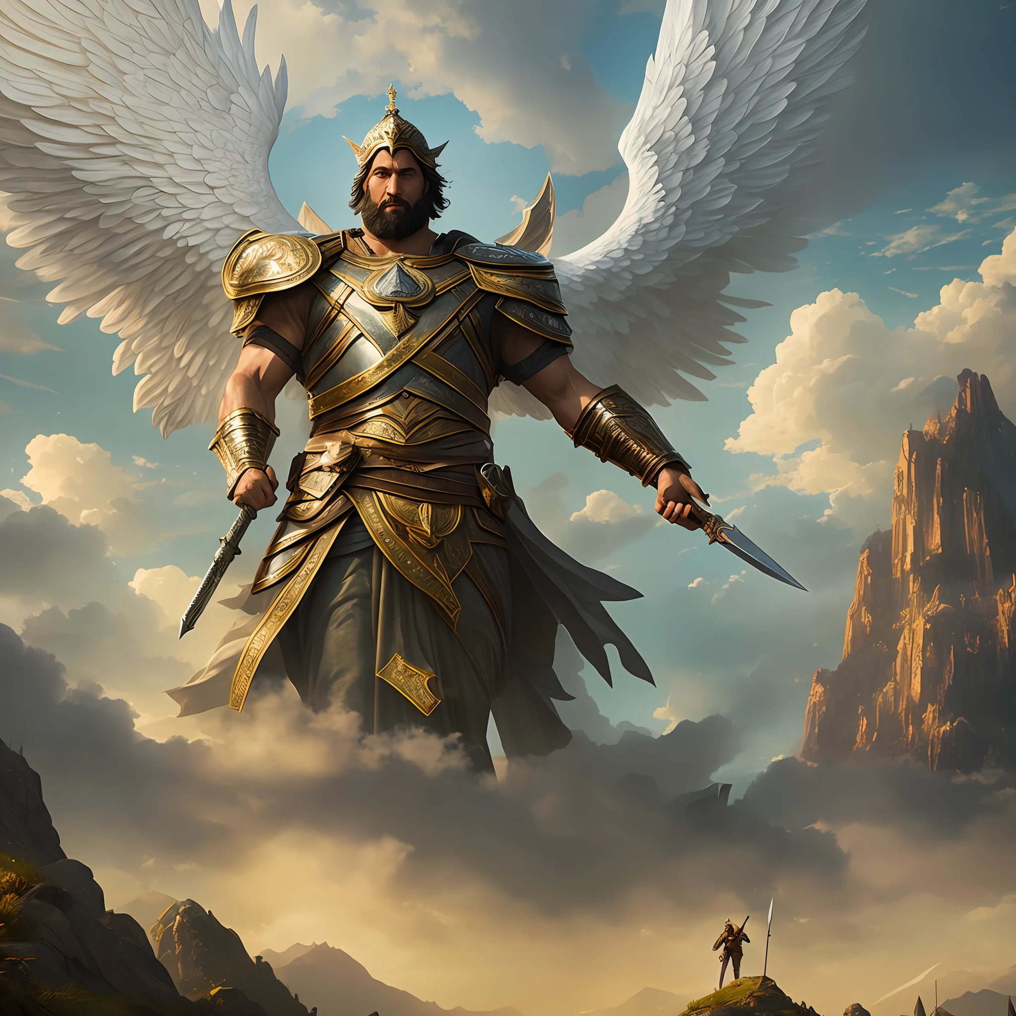 A matte painting of a man on a hill looking at a powerful giant angel with a sword about to destroy a schisad, make the painting highly detailed and realistic, utilize volumetric and cinematic lighting, use a highly large scale and a super 8k resolution --auto --s2
