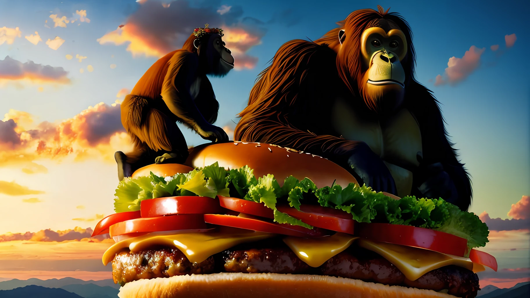 Orangutan climbing giant cheeseburger in bamboo forest, mega detail, hyperreal, HD, 8k