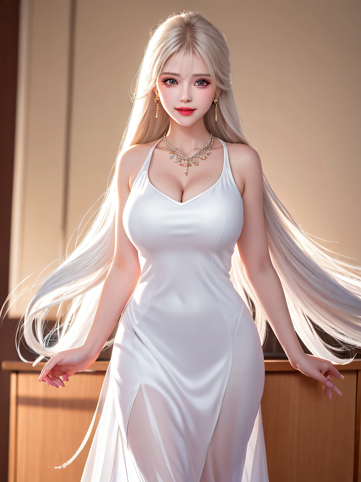 Female teacher standing in the classroom v6, necklace, earrings, full body v6, long white hair, translucent clothes, visible, superb, ultra-high-definition, RAW photo, realism: 1.25), (bright lip gloss, long eyelashes, smooth face, light skin, natural shadows, wide light, wide light, depth of field, strong colors, subtle caustics: 0.8), smile, (big tits), v6
