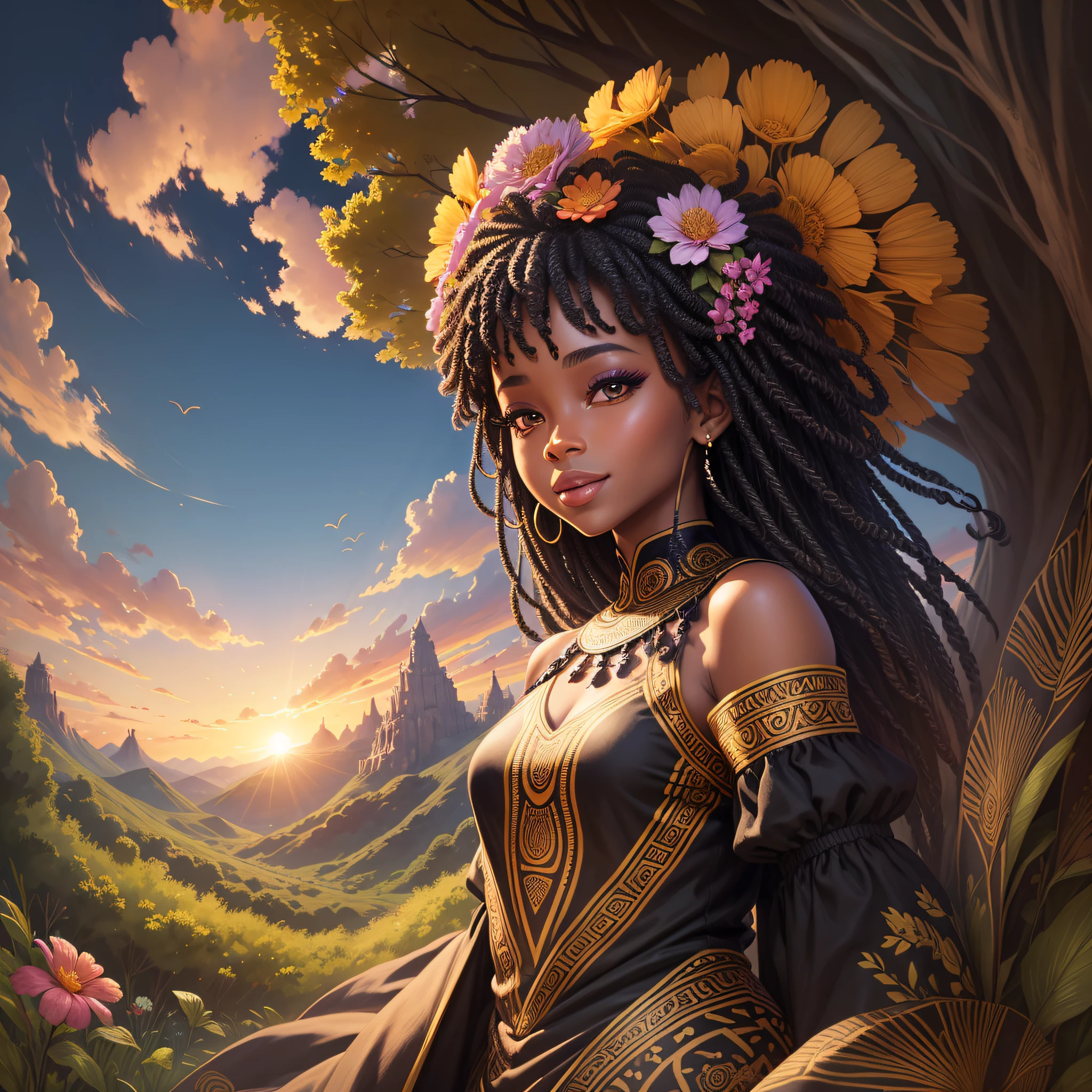 lllustration of black woman, princess of forest, fantasy universe, wearing clothes over the all body, light smile, long dress, African style, African culture, flowers, background with sky and clouds and sunset