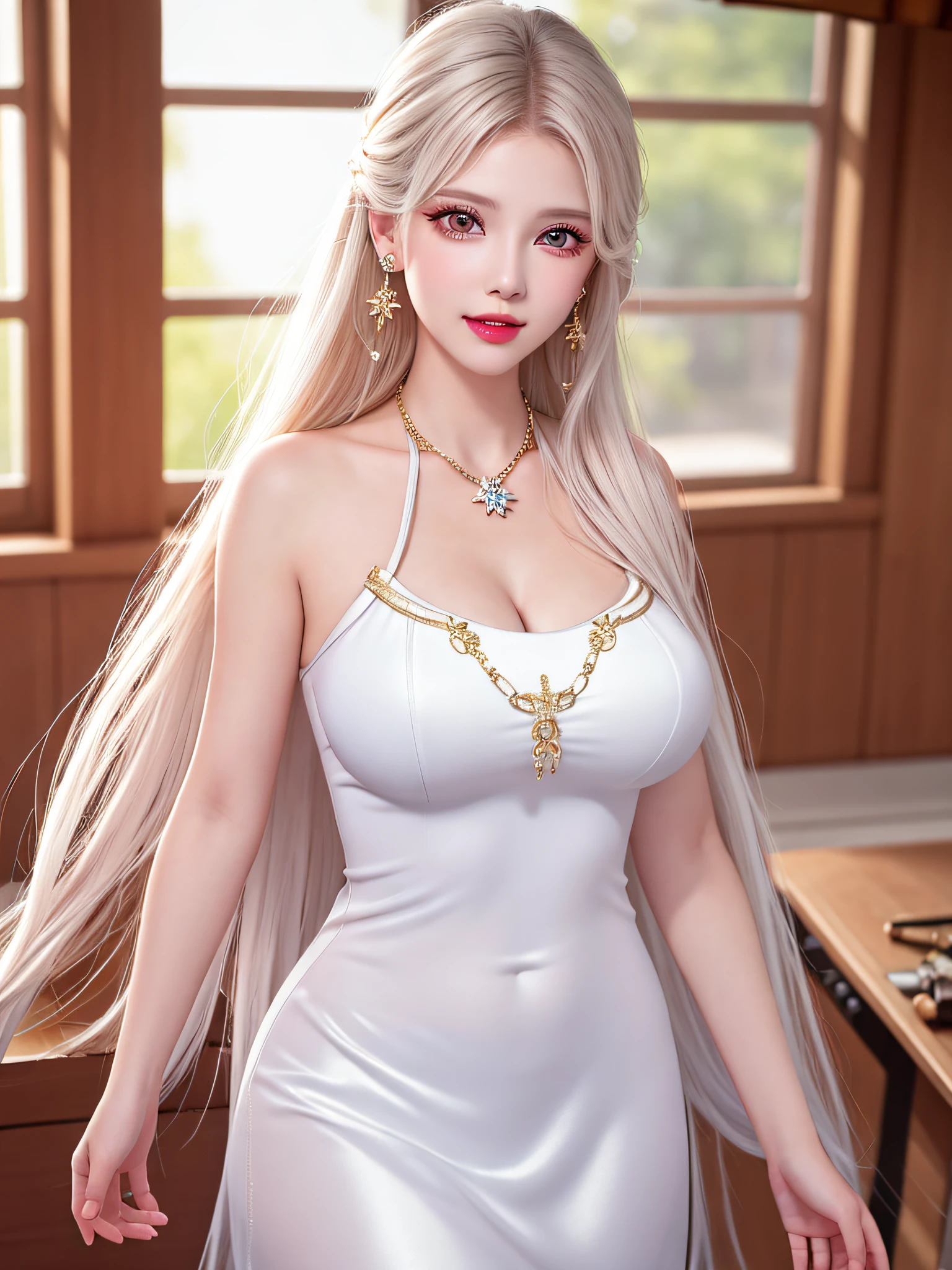 Female teacher standing in the classroom v6, necklace, earrings, full body v6, long white hair, translucent clothes, visible, superb, ultra-high-definition, RAW photo, realism: 1.25), (bright lip gloss, long eyelashes, smooth face, light skin, natural shadows, wide light, wide light, depth of field, strong colors, subtle caustics: 0.8), smile, (big tits), v6