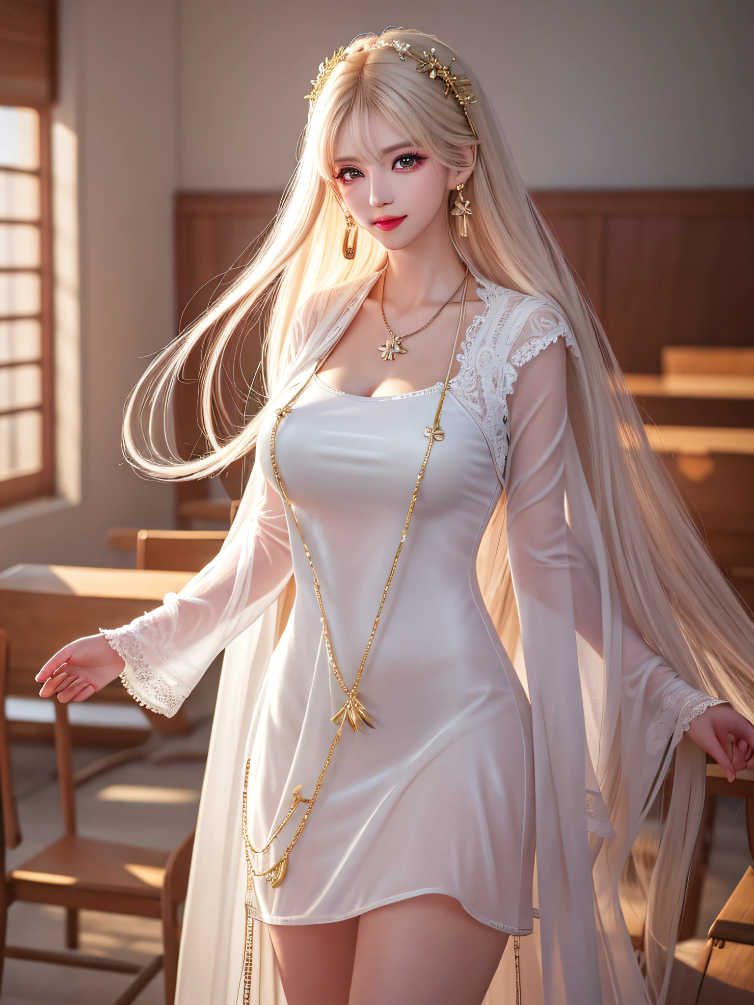 Female teacher standing in the classroom v6, necklace, earrings, full body v6, long white hair, translucent clothes, visible, superb, ultra-high-definition, RAW photo, realism: 1.25), (bright lip gloss, long eyelashes, smooth face, light skin, natural shadows, wide light, wide light, depth of field, strong colors, subtle caustics: 0.8), smile, (big tits), v6