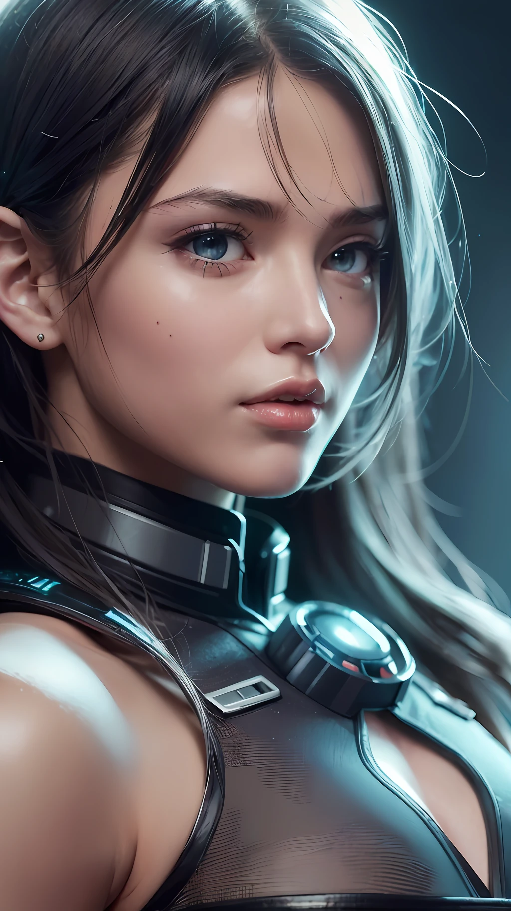 Best quality, super high resolution, beautiful girl as a doomsday killer, very detailed futuristic technology gun, very detailed hair, 1 girl, super resolution, very detailed face, very detailed light and shadow, full body display, wire around the neck, big vista, realistic sci-fi cyberpunk power armored machine girl, close-up portrait movie, 8k, hdr ((complex details, super detail)), (backlight: 1.3), (movie: 1.3), (ArtStation: 1.3)