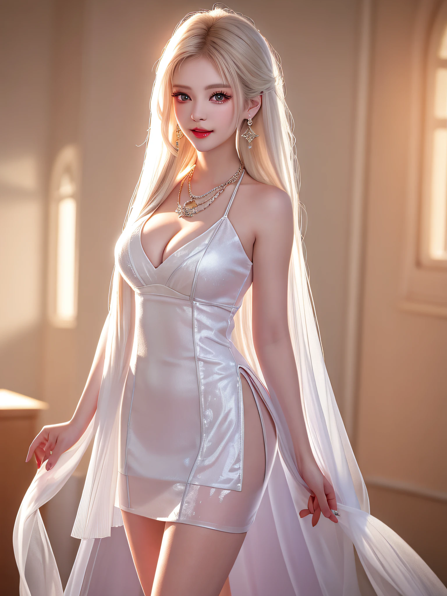 Female teacher standing in the classroom v6, necklace, earrings, full body v6, long white hair, translucent clothes, visible, superb, ultra-high-definition, RAW photo, realism: 1.25), (bright lip gloss, long eyelashes, smooth face, light skin, natural shadows, wide light, wide light, depth of field, strong colors, subtle caustics: 0.8), smile, (big tits), v6