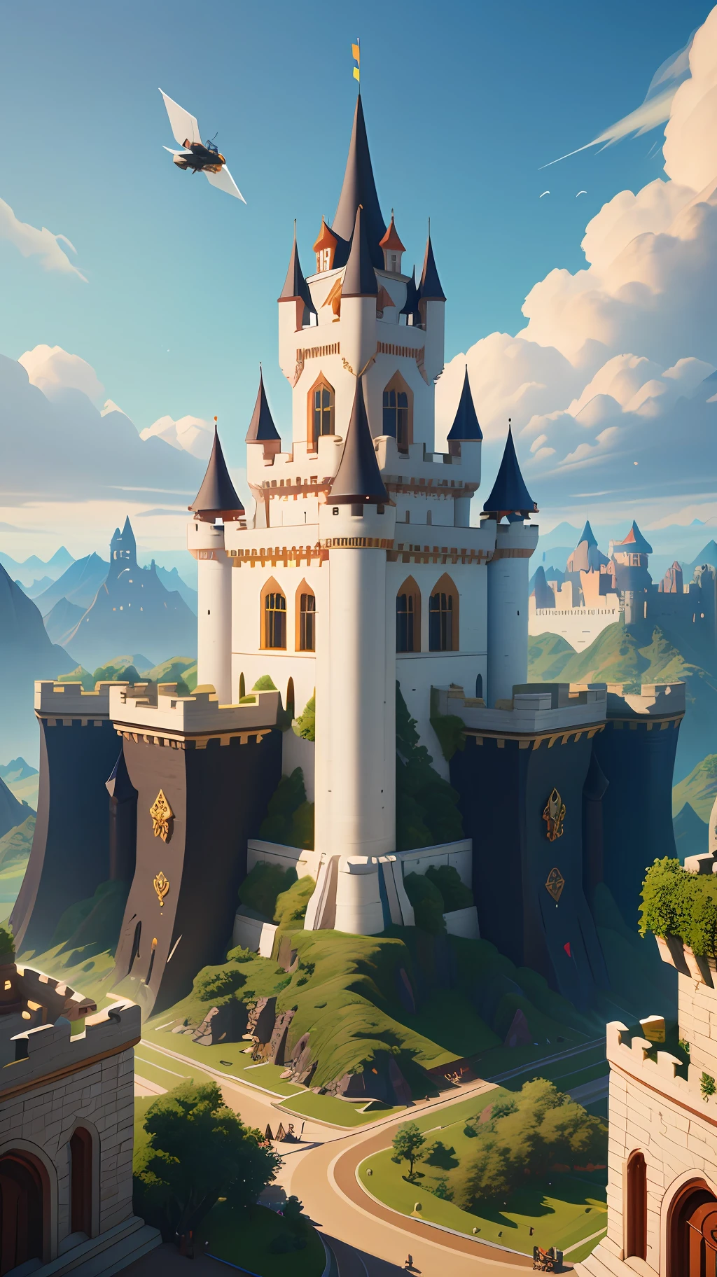 Cartoon style, polygon, game scene atmosphere map, pixar style, exaggerated design, fantasy, knight in white and black hat, imperial city, noble coronation, full traffic, flagpole, castle vista, fish flying in the sky, royal guard, salute music, crowds, pets are watching, casual play style, low poly, lowpoly, best detail, cartoon style, 3d, masterpiece, best quality, unreal engine, cartoon rendering, 8K