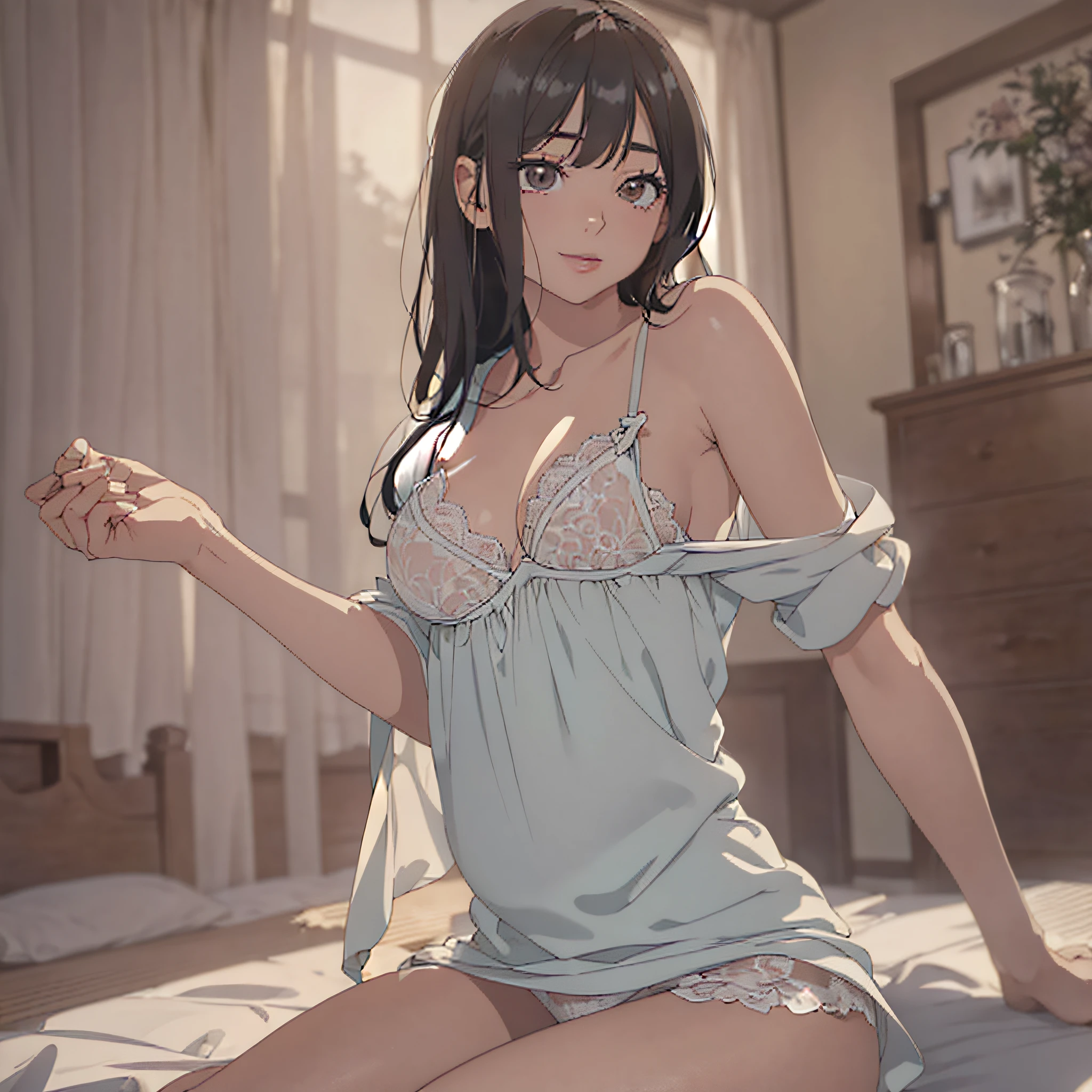 #女性は必ず1人傑作, top quality, beautiful woman, innocent, very delicate and beautiful, ultra high resolution, (photorealistic: 1.4), golden hour lighting, (upper body), (platinum shorthair: 0.8), (puffy eyes), looking at the viewer, facing the front, smiling, nightgown, white panties, shirt lift long black hair, korean, erotic, Gaze that invites men, clothes are peeling off, bras are visible, underwear is visible, double eyelids, 8 heads, beautiful legs, black pantyhose, white T-back, looking back, buttocks,