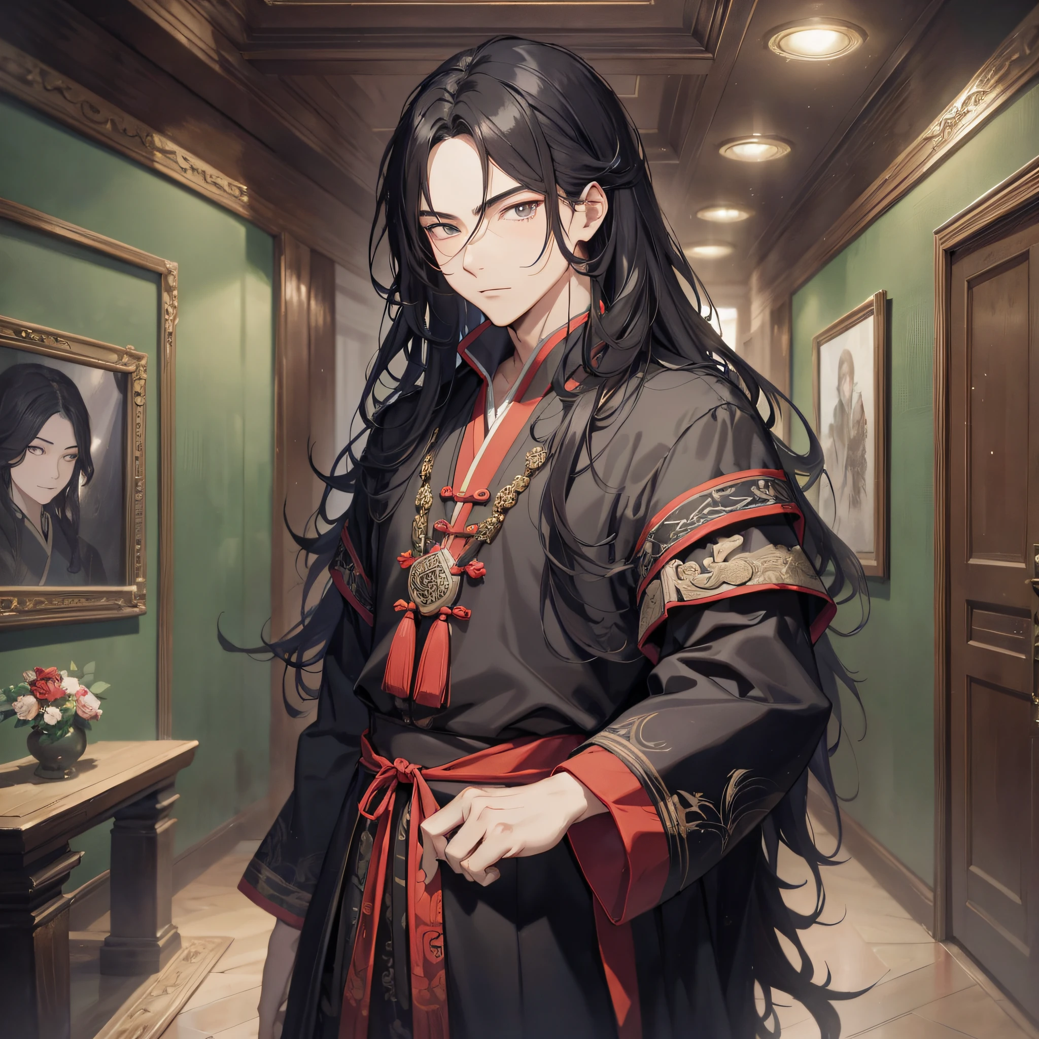 Absurd resolution, high resolution, (masterpiece: 1.4), hyper-detail, ancient China, night, standing in a mansion, black long-haired young man (1.3), wearing black cloth, serious and firm expression (1.5)