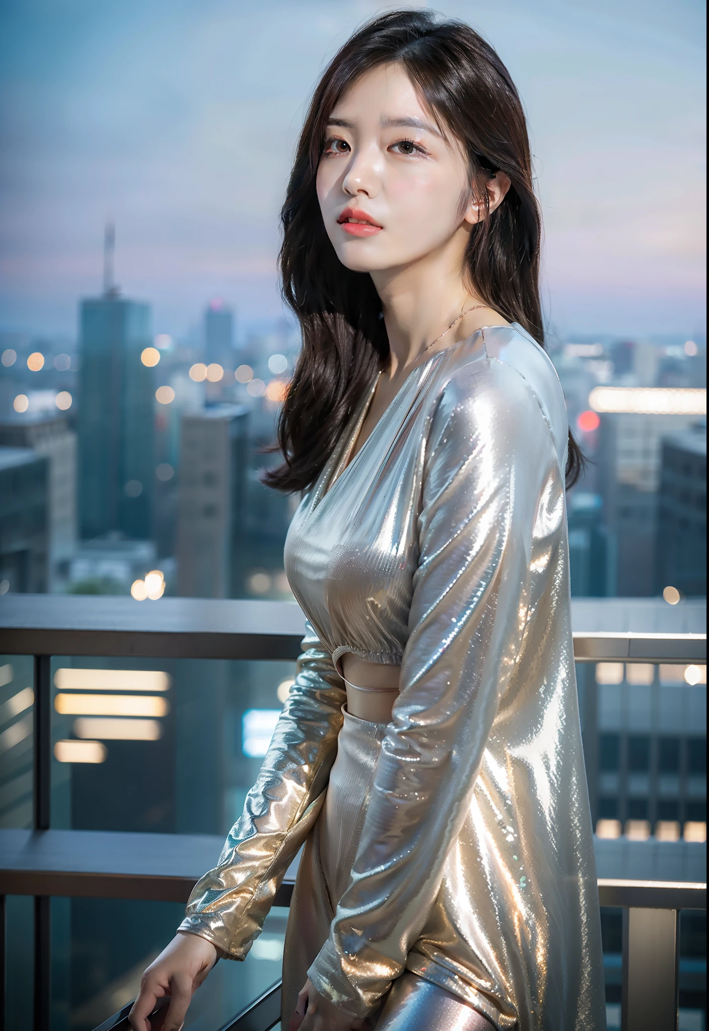 woman, looking at viewer, parted lips,Unsplash cityscape matte painting ethereal
shiny skin, skindentation,realistic,