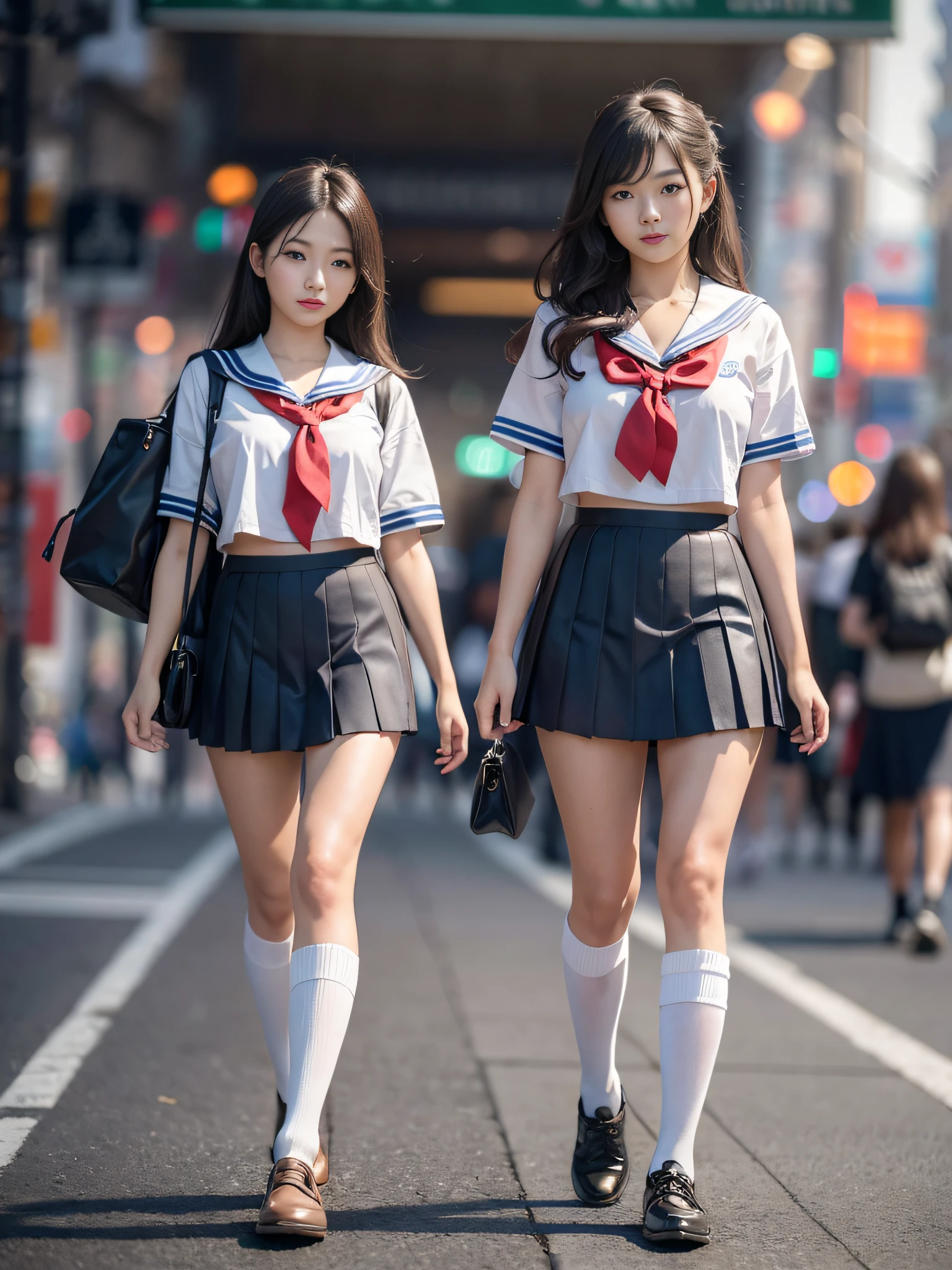 Top quality, masterpiece, ultra high resolution, (photorealistic: 1.4), highly detailed CG Unity 8k wallpaper, intricate, original, high resolution, raw photos, (perfect body shape), fine and complex, DSLR, soft lighting, high quality, film grain, fujifilm XT3, 50mm lens, panorama, backlight, HDR, hyperreal, Color Grade, Dynamic Pose, Japan Person, Watch Viewer, Natural Light, Girl, Full Body, Solo, High School, Student, Uniform, Sailor Color, Bobby Socks, Pleated Skirt, Day, Street, Deep Shadow, Unobtrusive, Cold Light 12000K\Street, Shop State, Akihabara