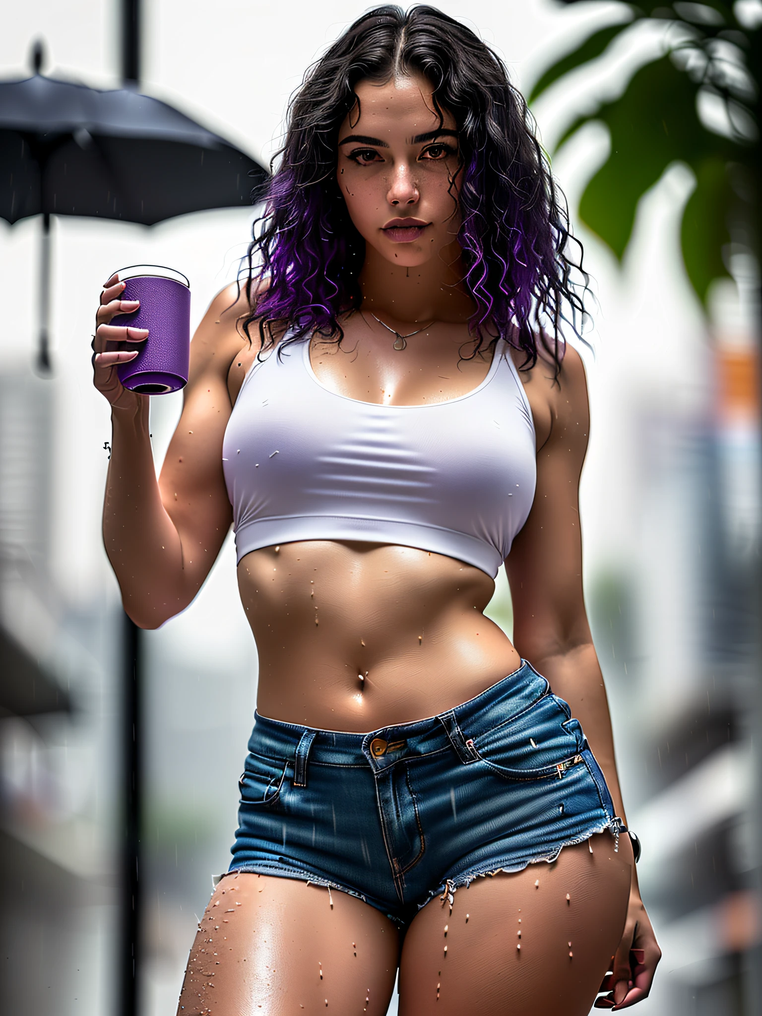 Beautiful woman with wavy hair Detailed attractive eyes Long and sexy legs between thighs wearing tiny shorts T-shirt in the beautiful futuristic city cyberpunk +, holding a transparent round plastic pot with acai berry of purple color well highlighted, mist, wet, raining, masterpiece of best quality, photorealistic, detailed, 8k, HDR, shallow depth of field, wide light, high contrast,  backlight, flower, light glows, chromatic aberration, sharp focus, RAW color photo